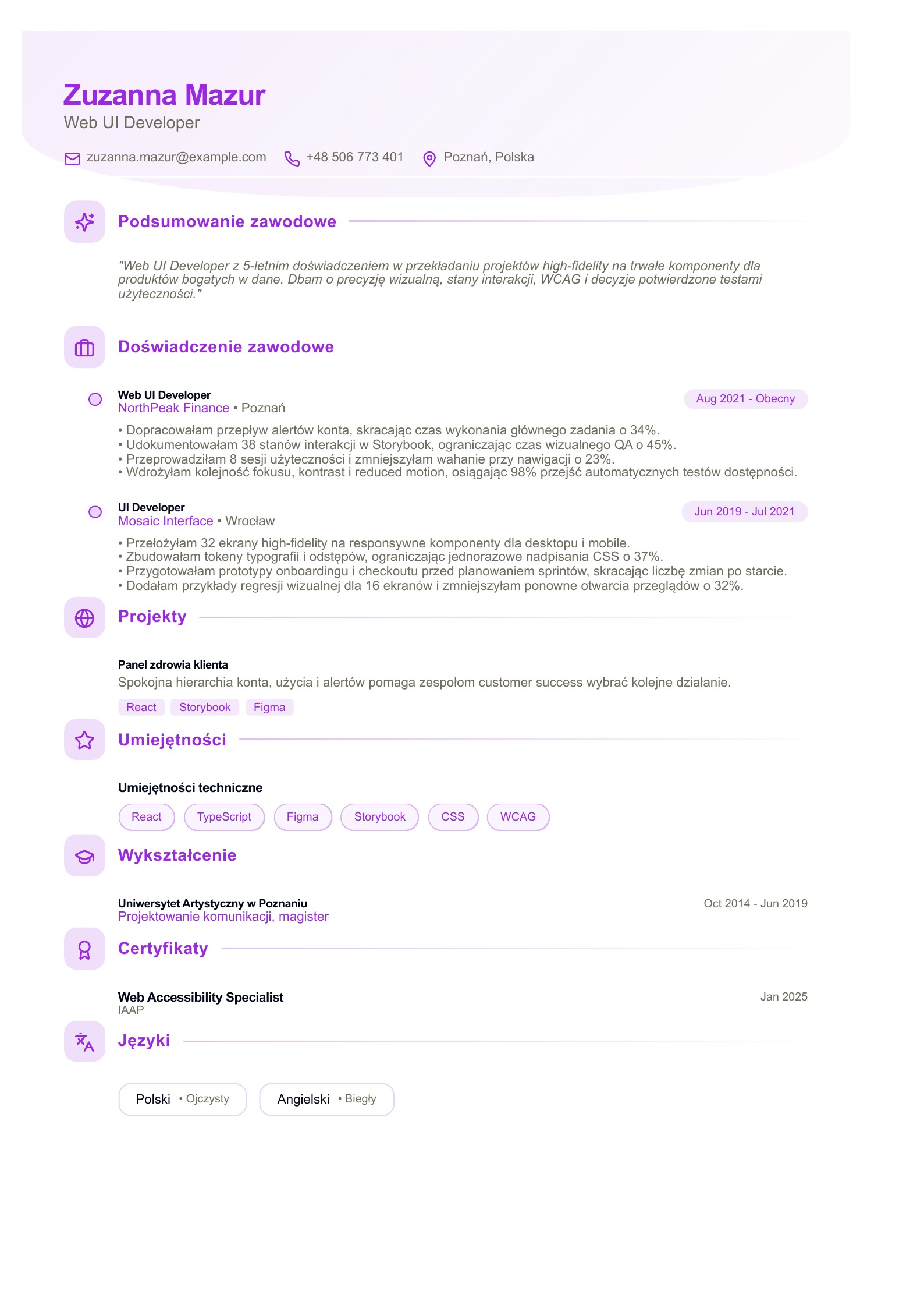 CV Web UI Developera - polski przykład