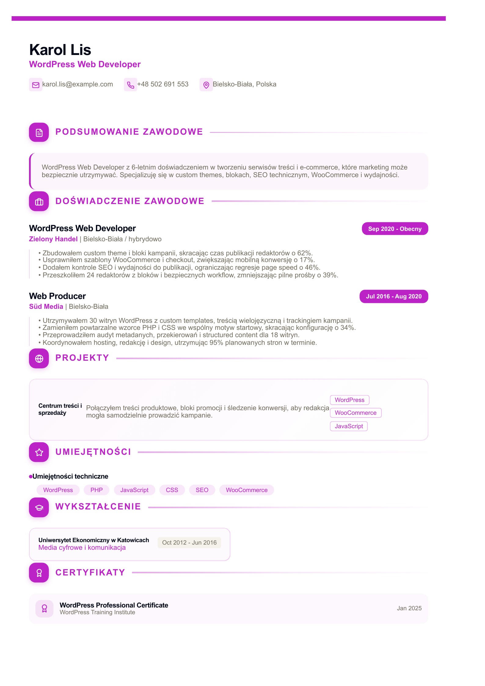 CV WordPress Web Developera - polski przykład