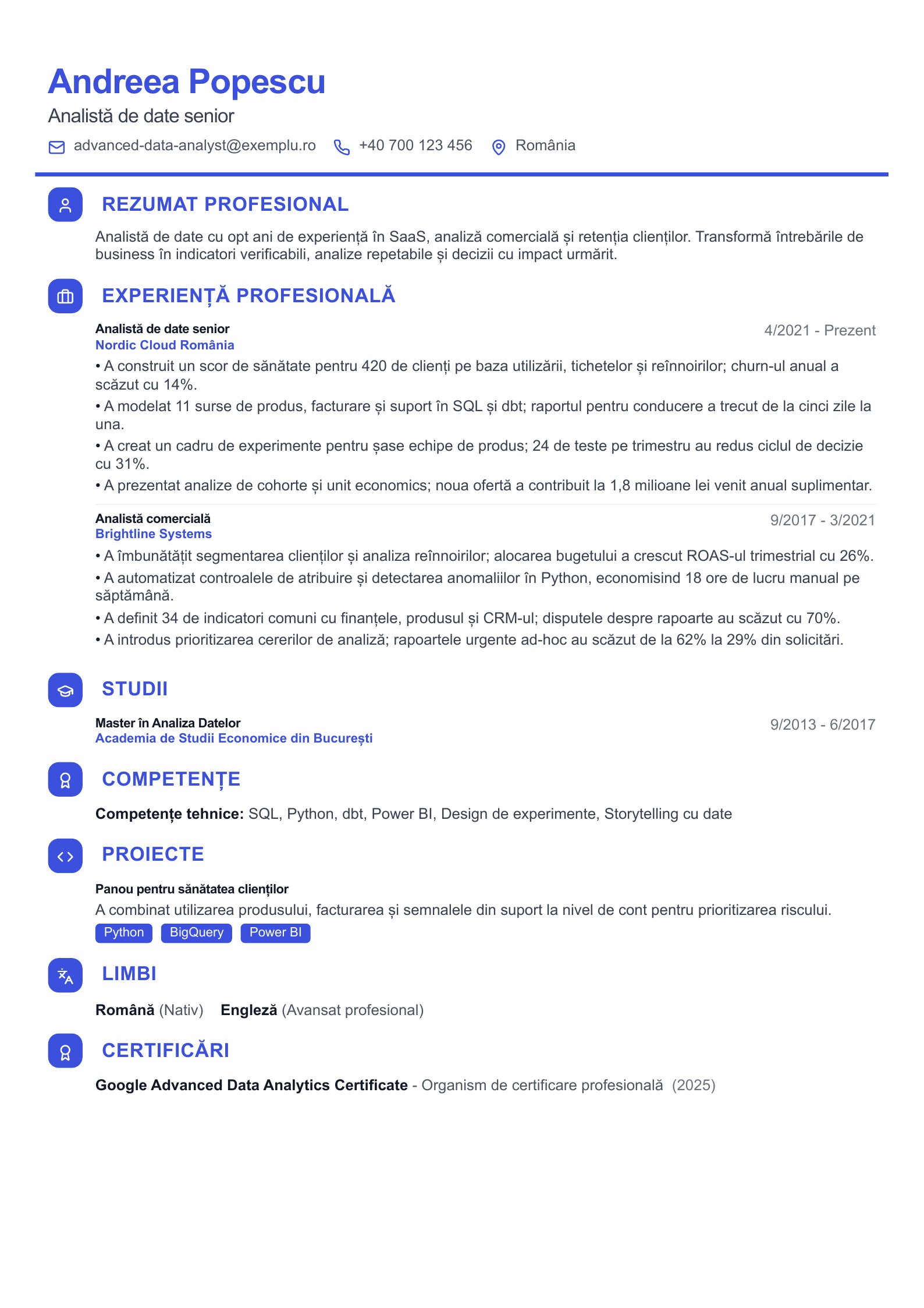 Previzualizare: Exemple românești de CV pentru analiști de date cu PDF și ghid de redactare