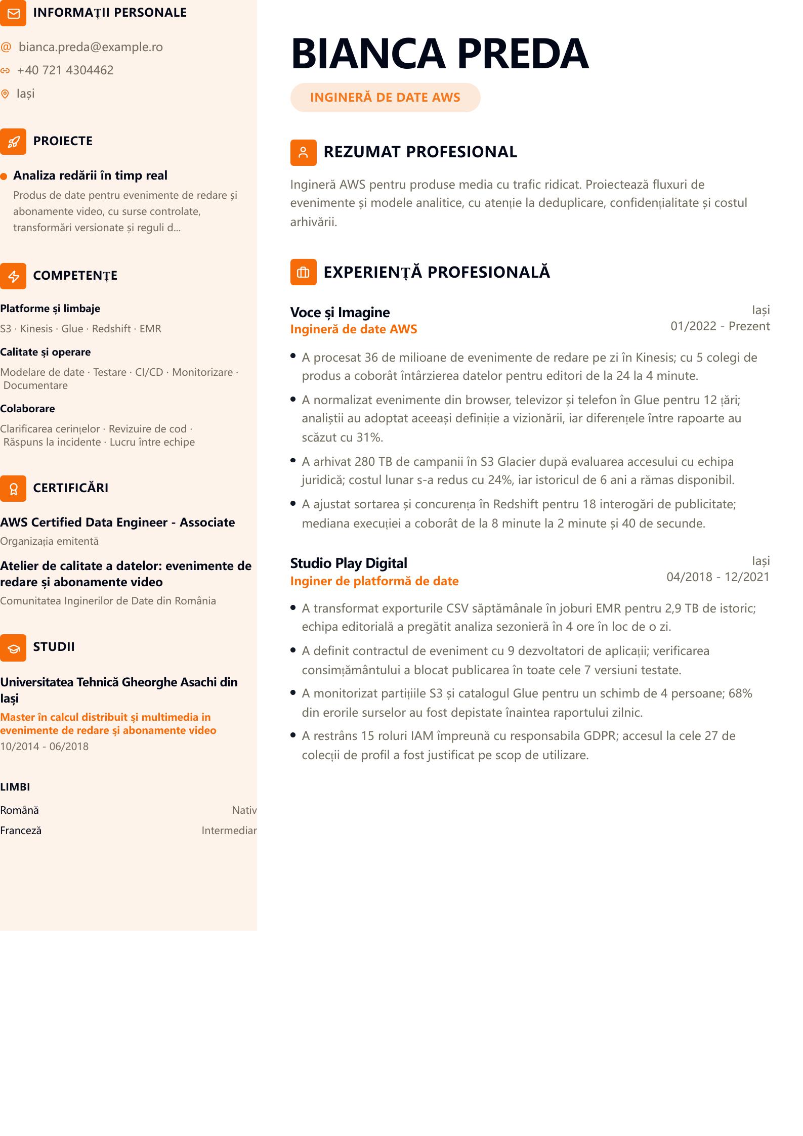 CV de AWS Data Engineer Previzualizare CV