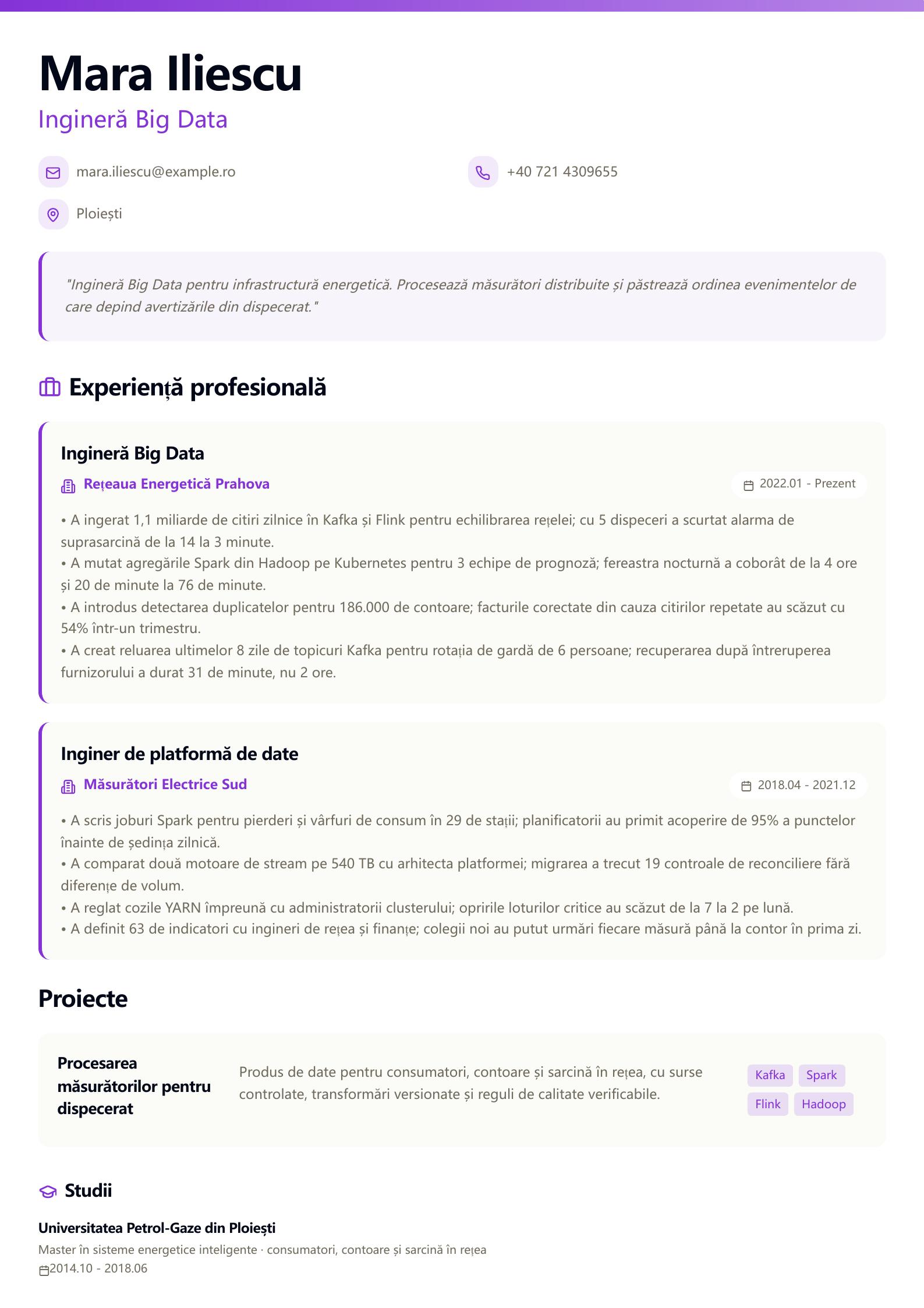 CV de inginer Big Data Previzualizare CV