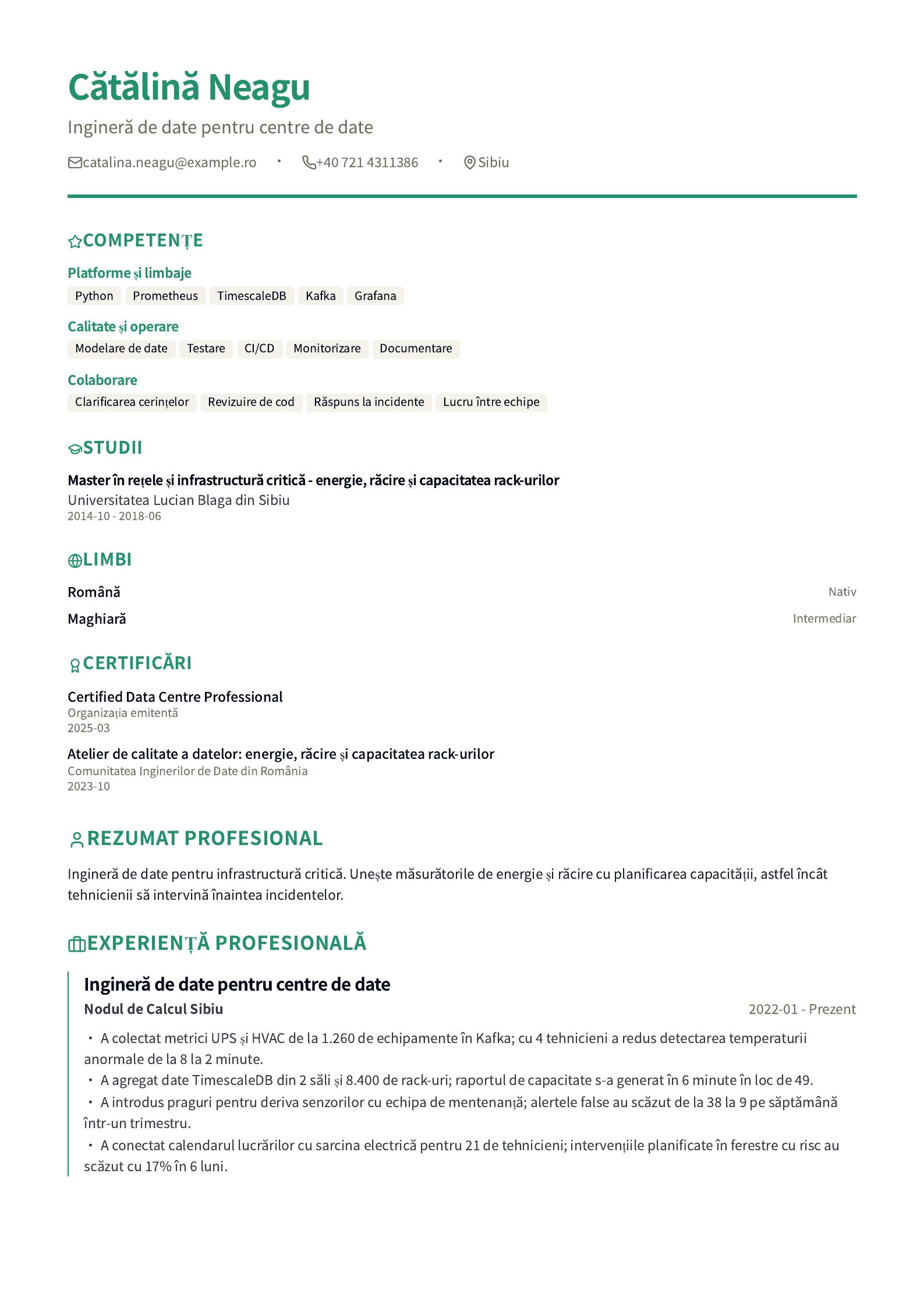 CV de inginer al centrului de date Previzualizare CV
