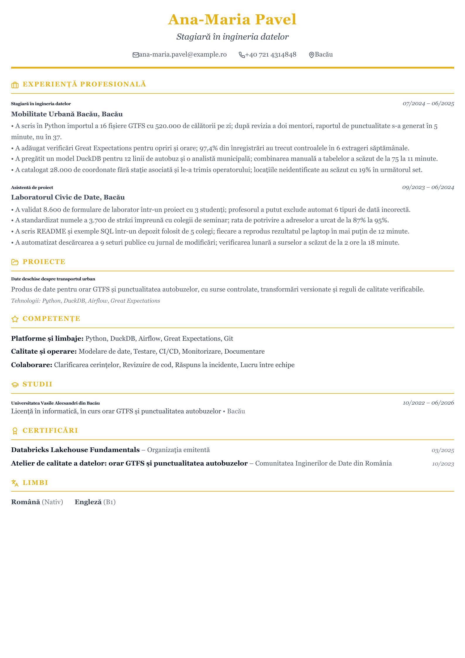 CV de stagiar în ingineria datelor Previzualizare CV