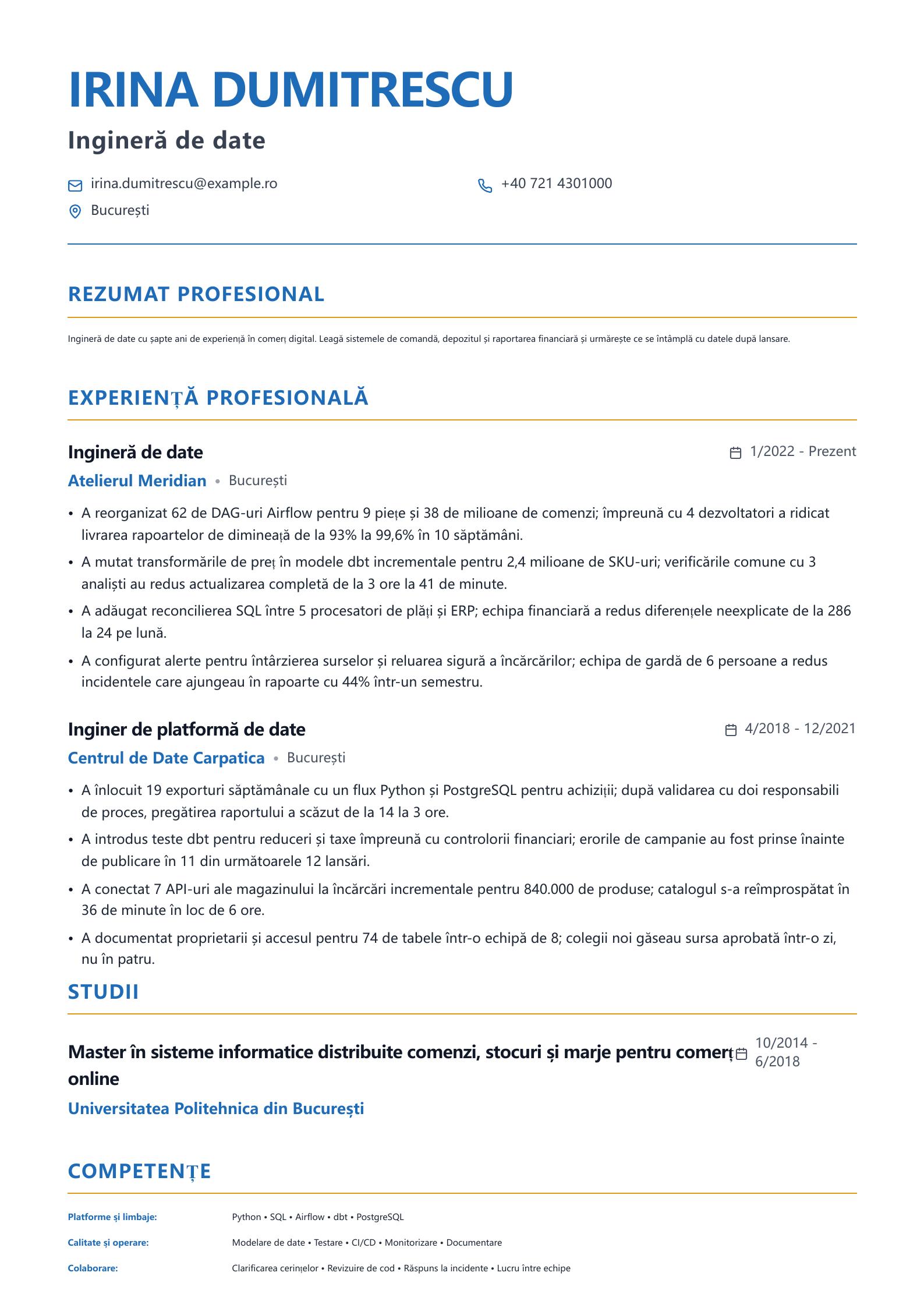 CV de inginer de date Previzualizare CV