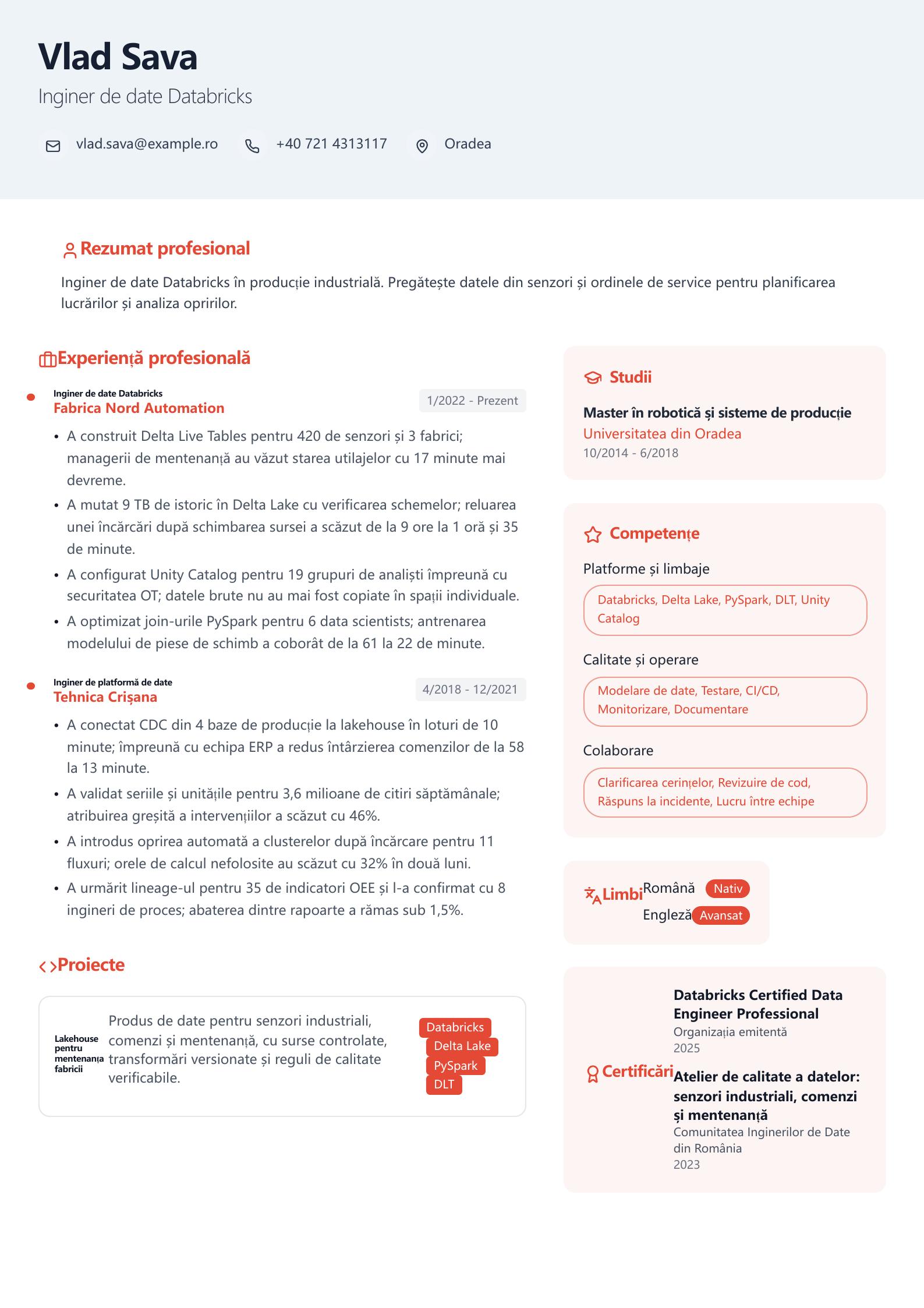CV de Databricks Data Engineer Previzualizare CV