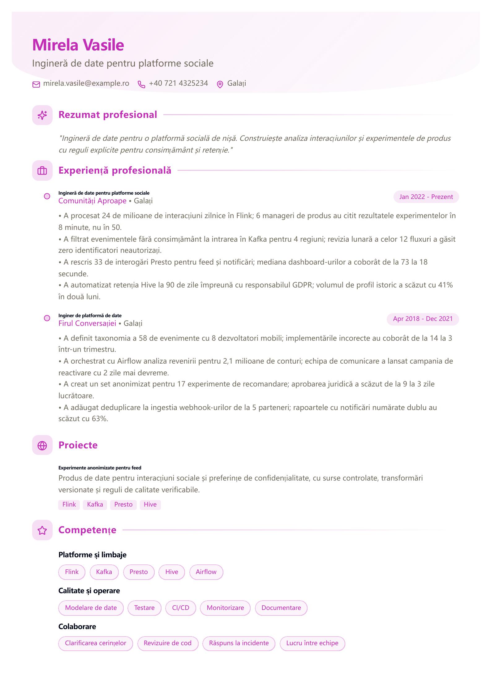 CV de inginer de date pentru platforme sociale Previzualizare CV