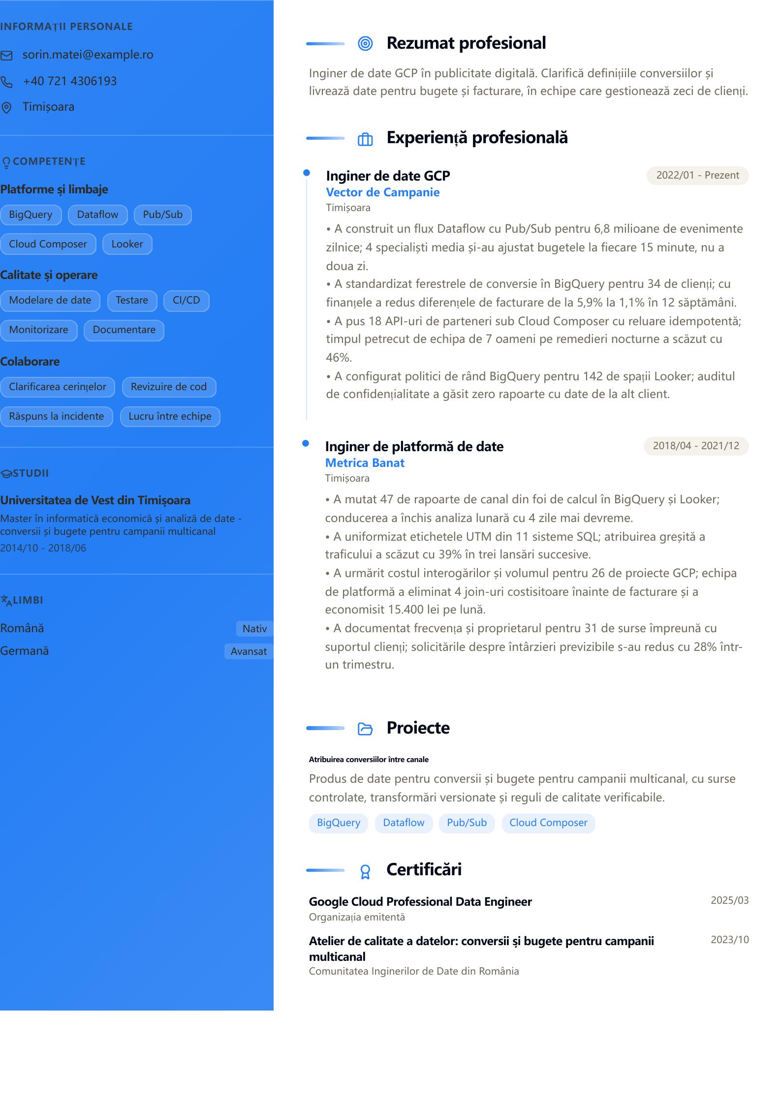 CV de GCP Data Engineer Previzualizare CV