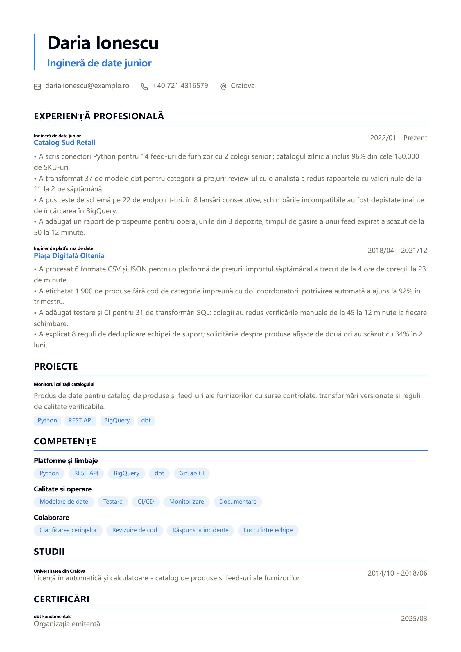 CV de junior Data Engineer Previzualizare CV