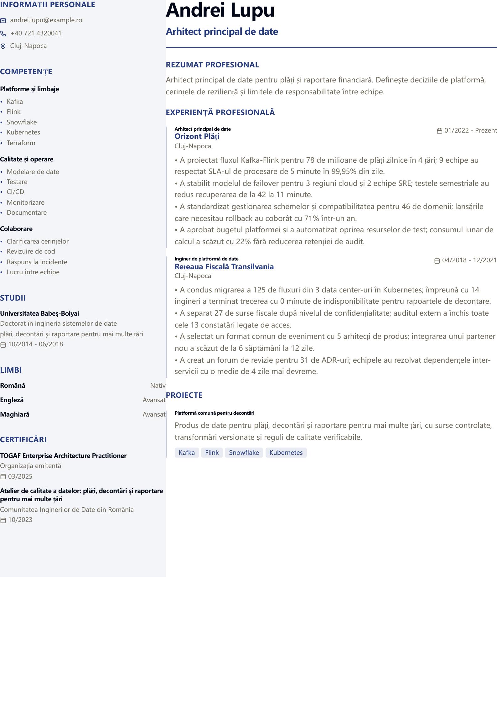 CV de principal Data Engineer Previzualizare CV
