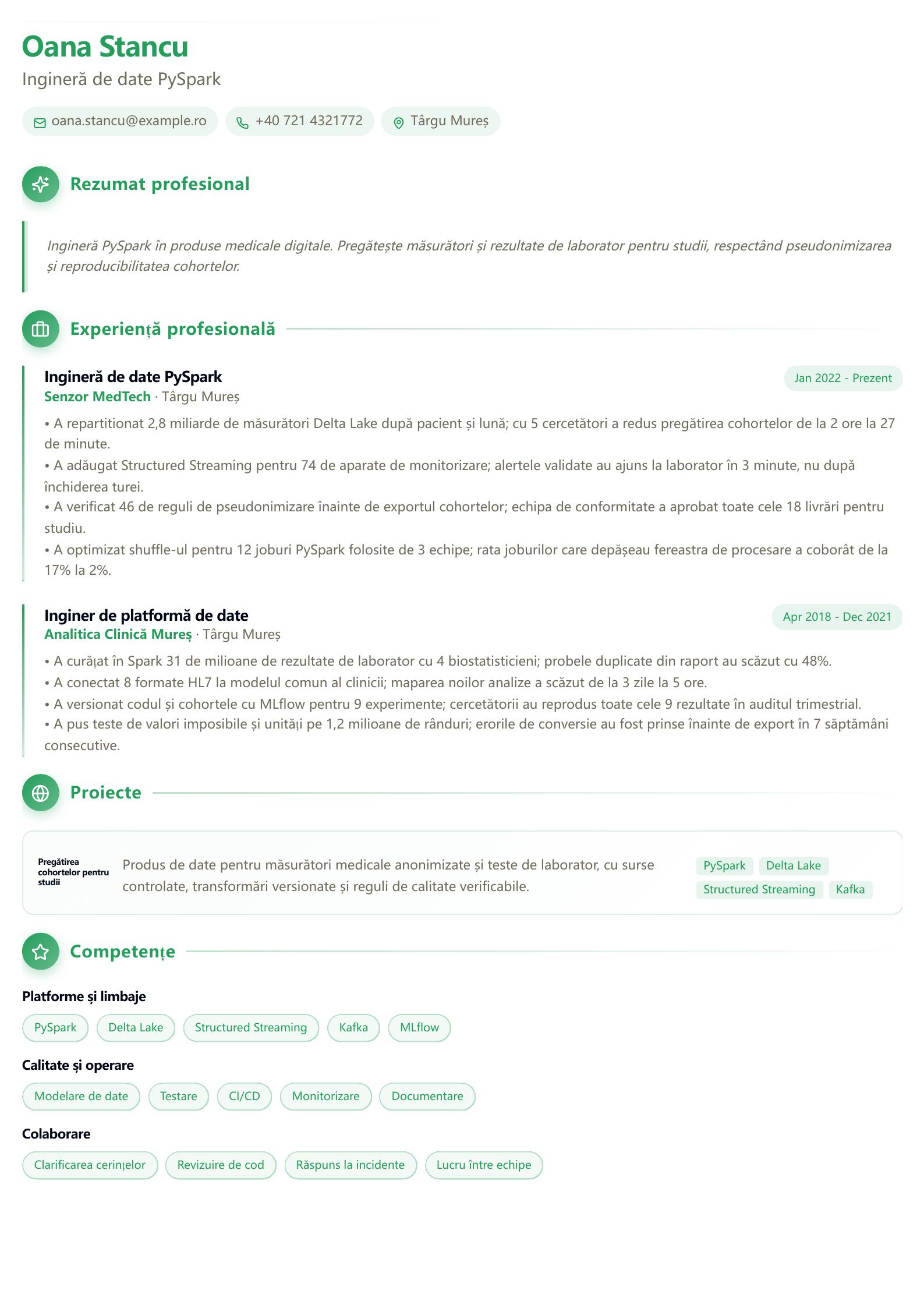 CV de inginer de date PySpark Previzualizare CV