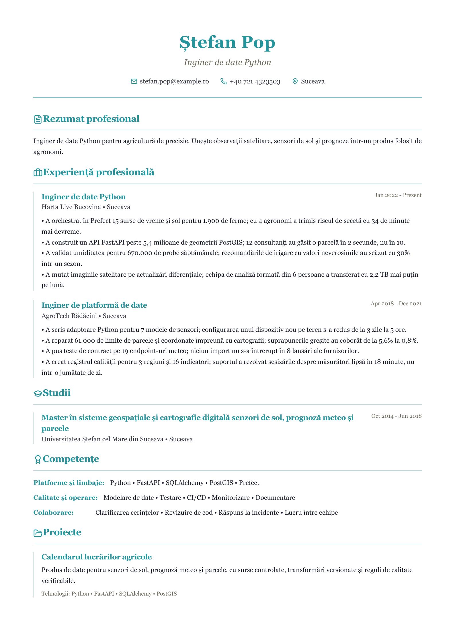 CV de inginer de date Python Previzualizare CV
