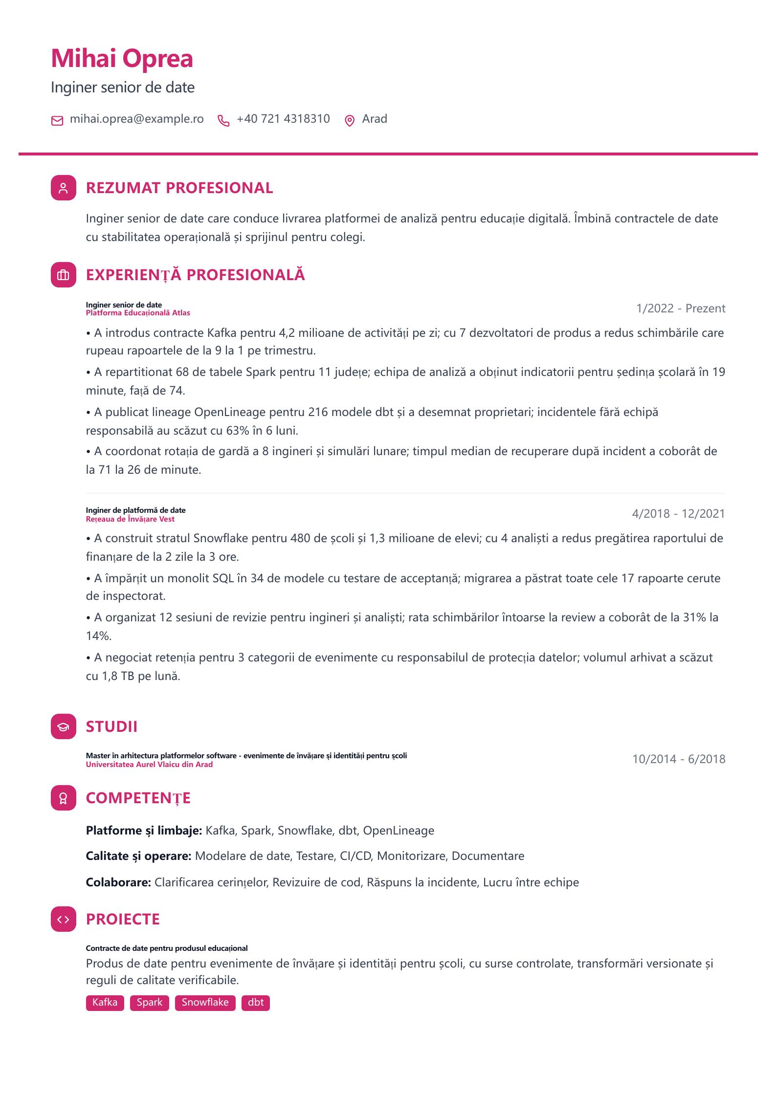 CV de senior Data Engineer Previzualizare CV