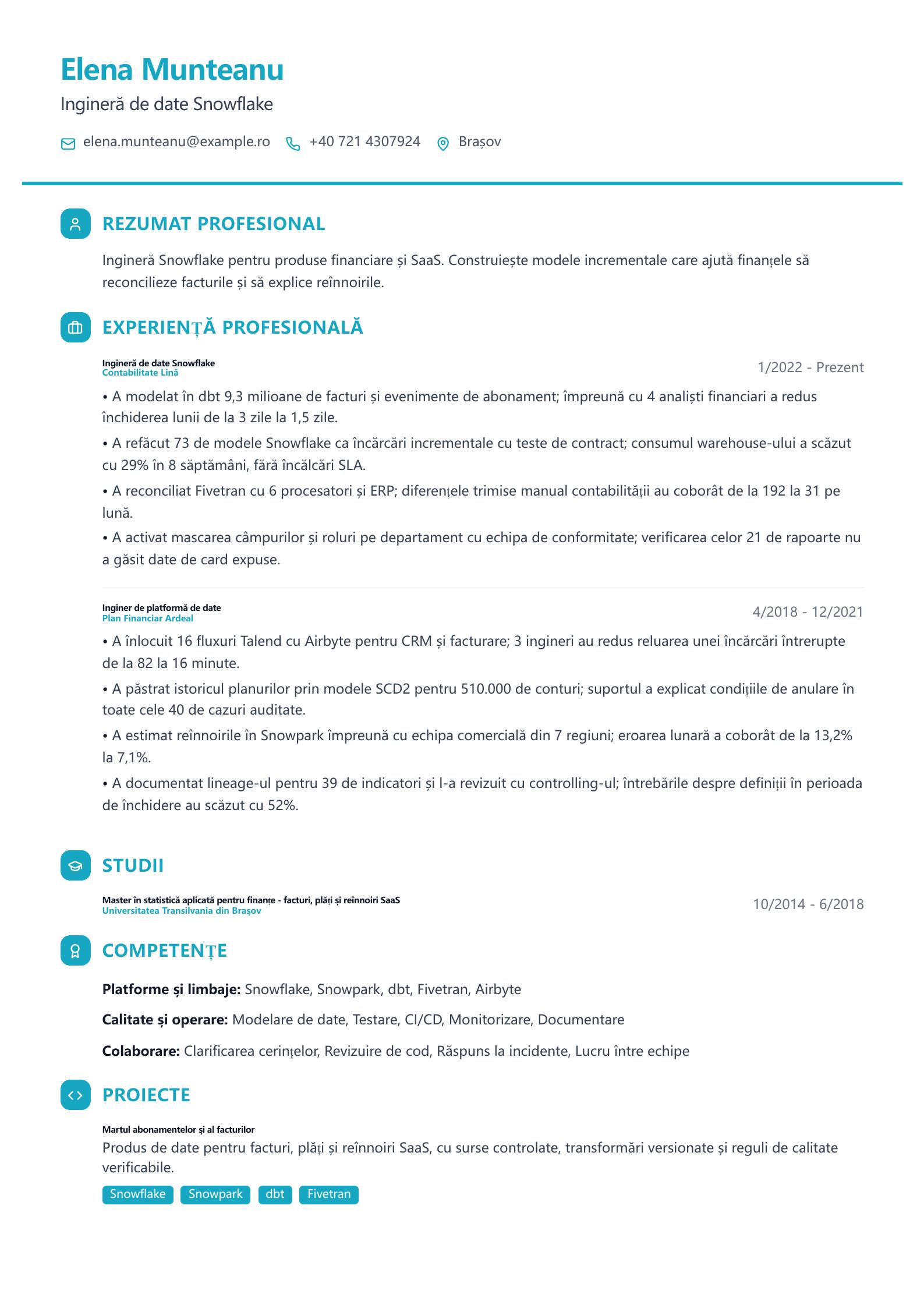 CV de Snowflake Data Engineer Previzualizare CV