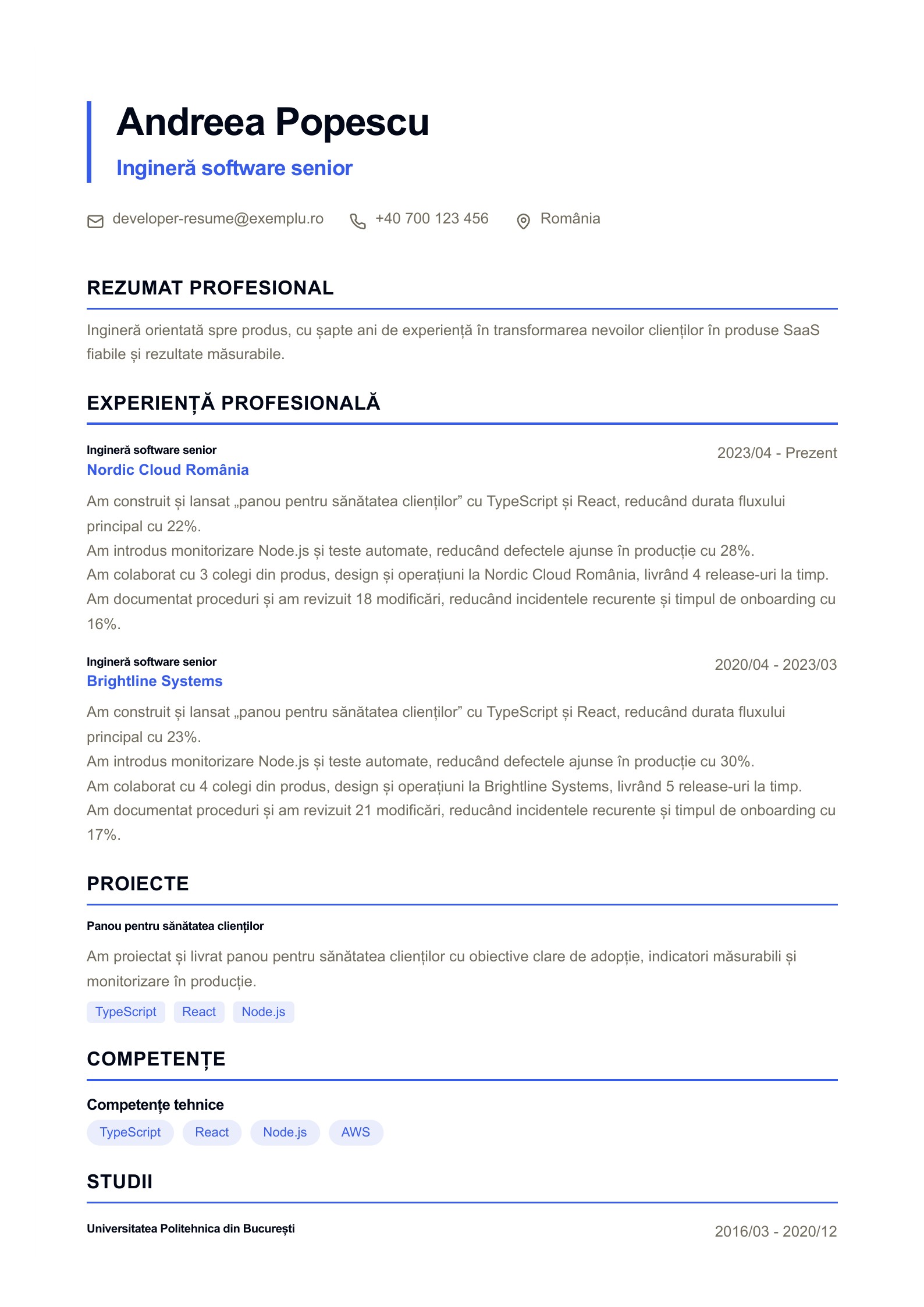 Previzualizare: CV pentru ingineri software cu PDF și editare online