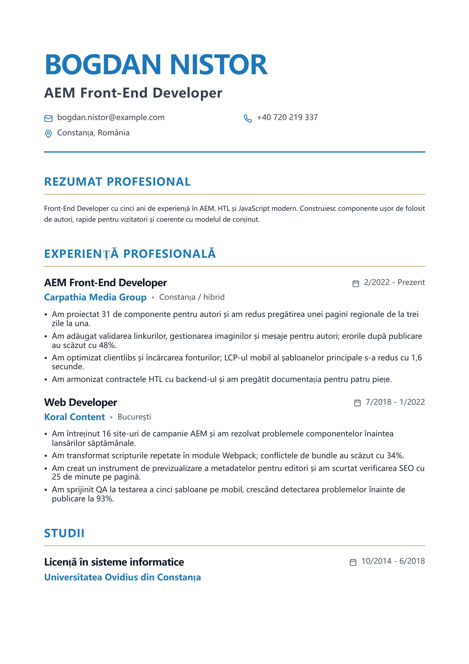CV pentru AEM Front-End Developer - exemplu românesc