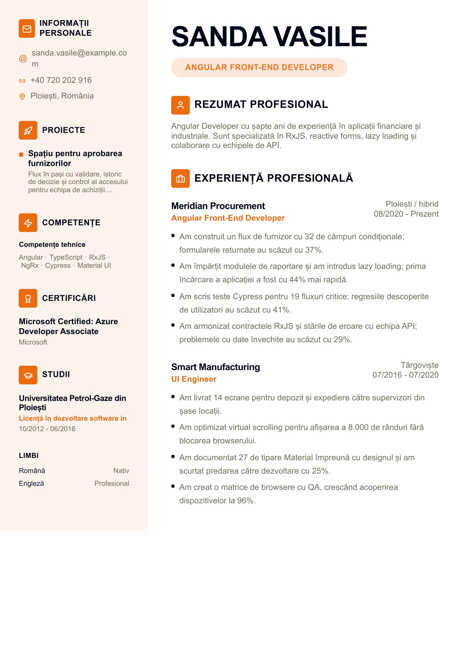 CV pentru Angular Front-End Developer - exemplu românesc