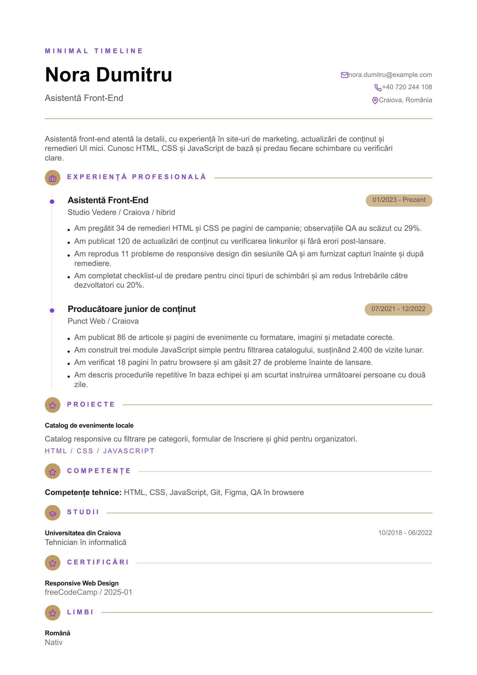 CV pentru Asistent Front-End - exemplu românesc