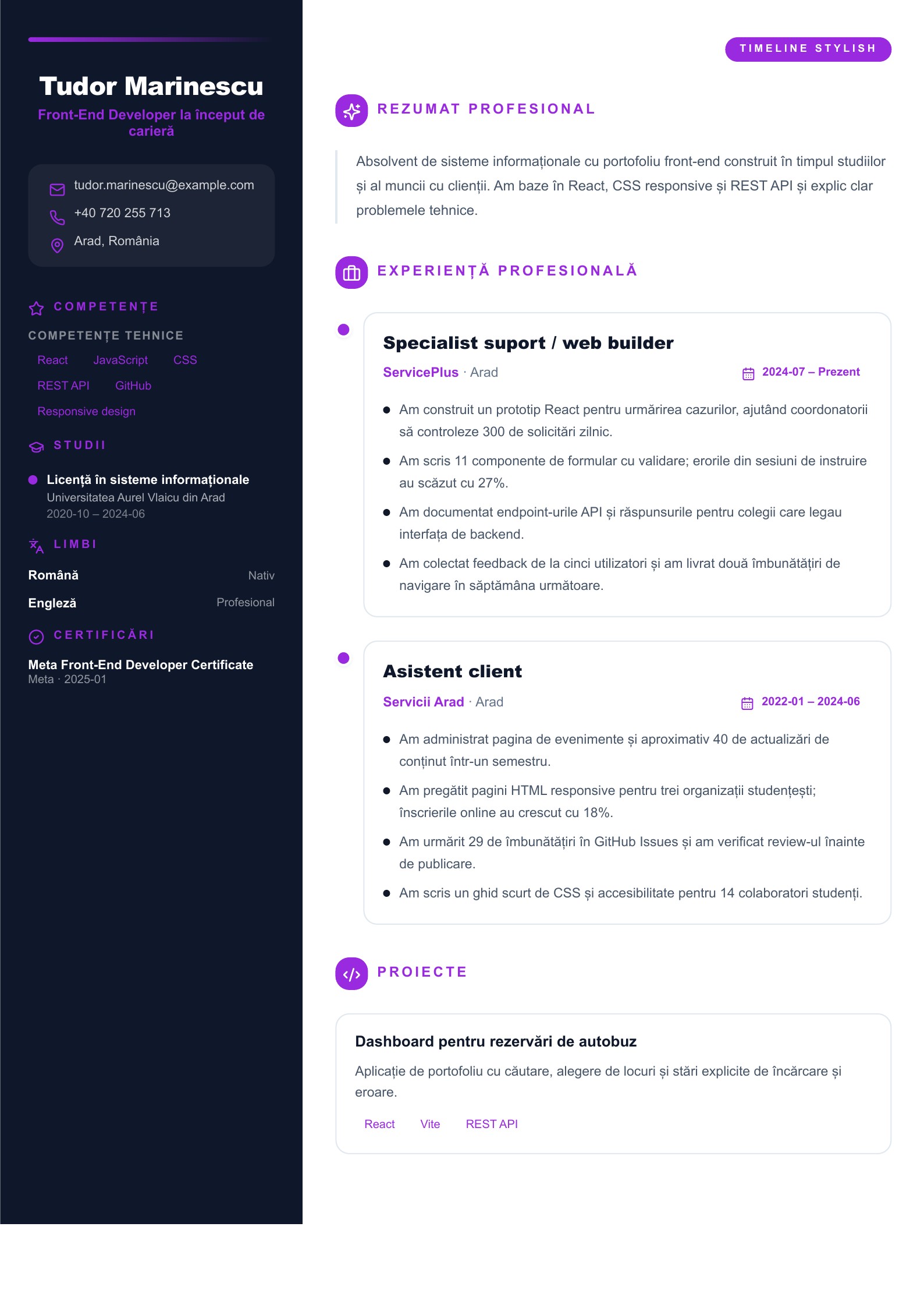 CV pentru Front-End Developer la început de carieră - exemplu românesc