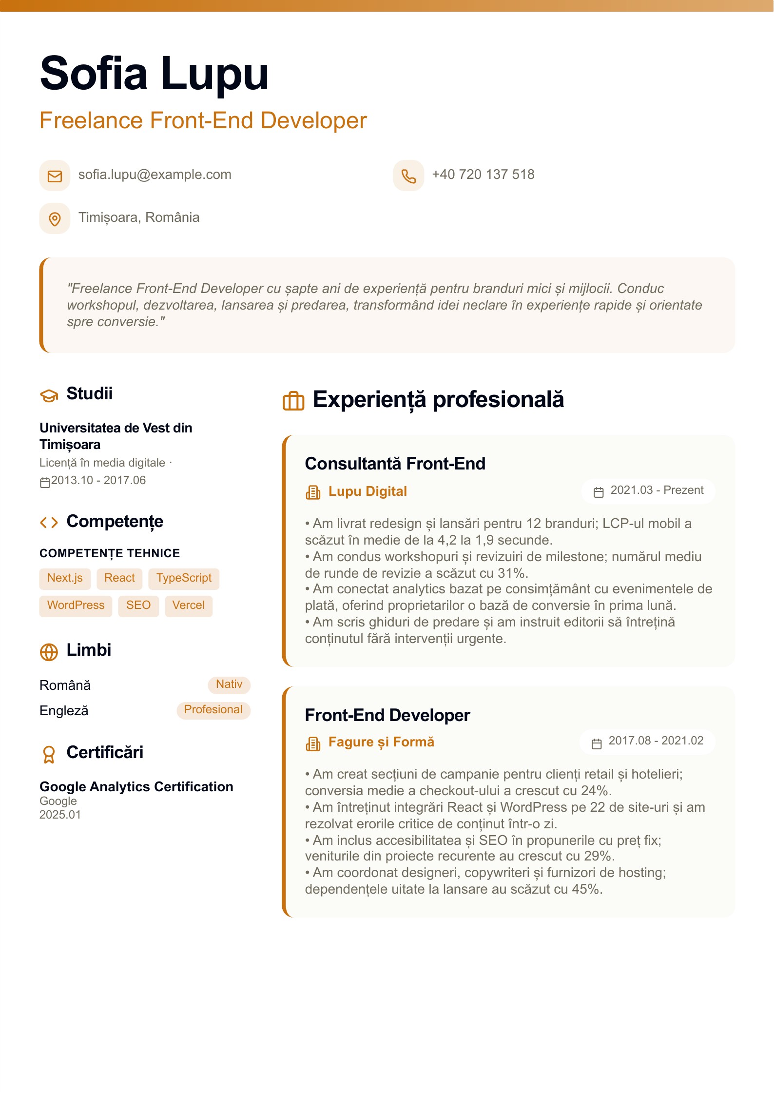CV pentru Freelance Front-End Developer - exemplu românesc