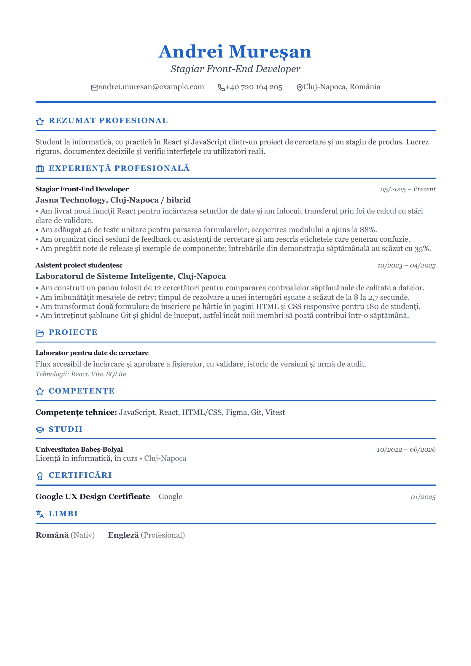 CV pentru stagiar Front-End - exemplu românesc