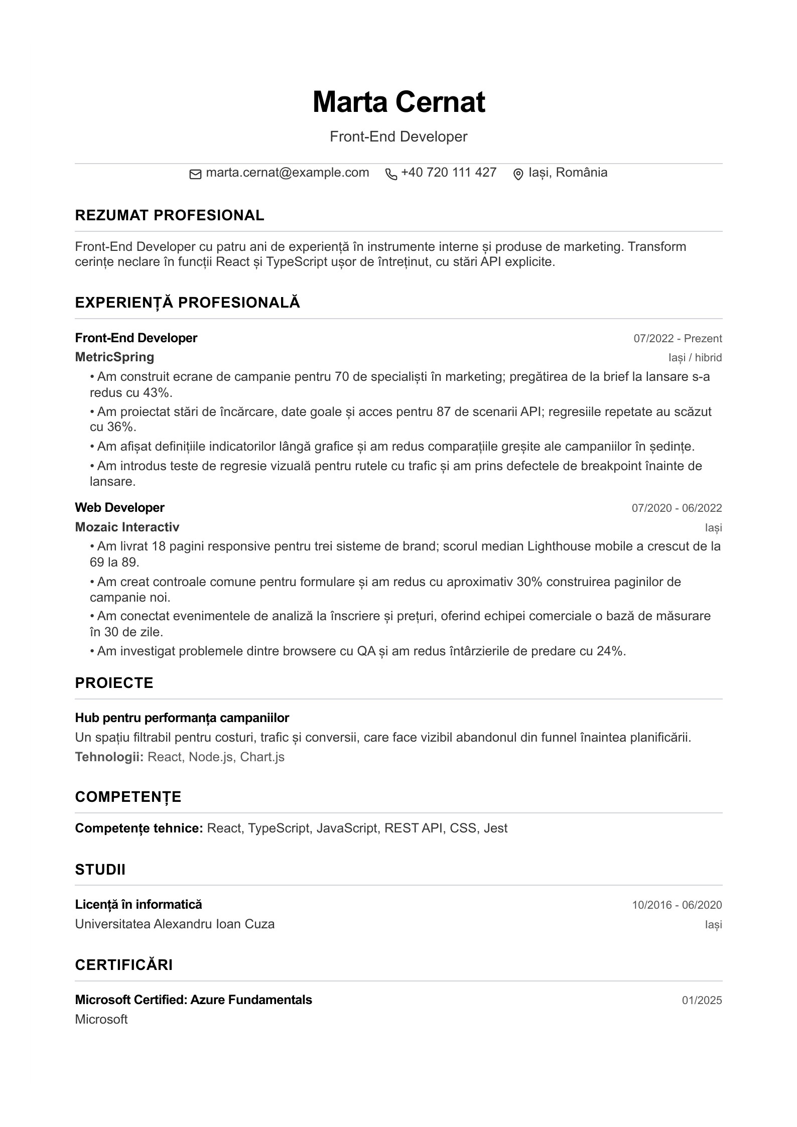 CV pentru Front-End Developer - exemplu românesc