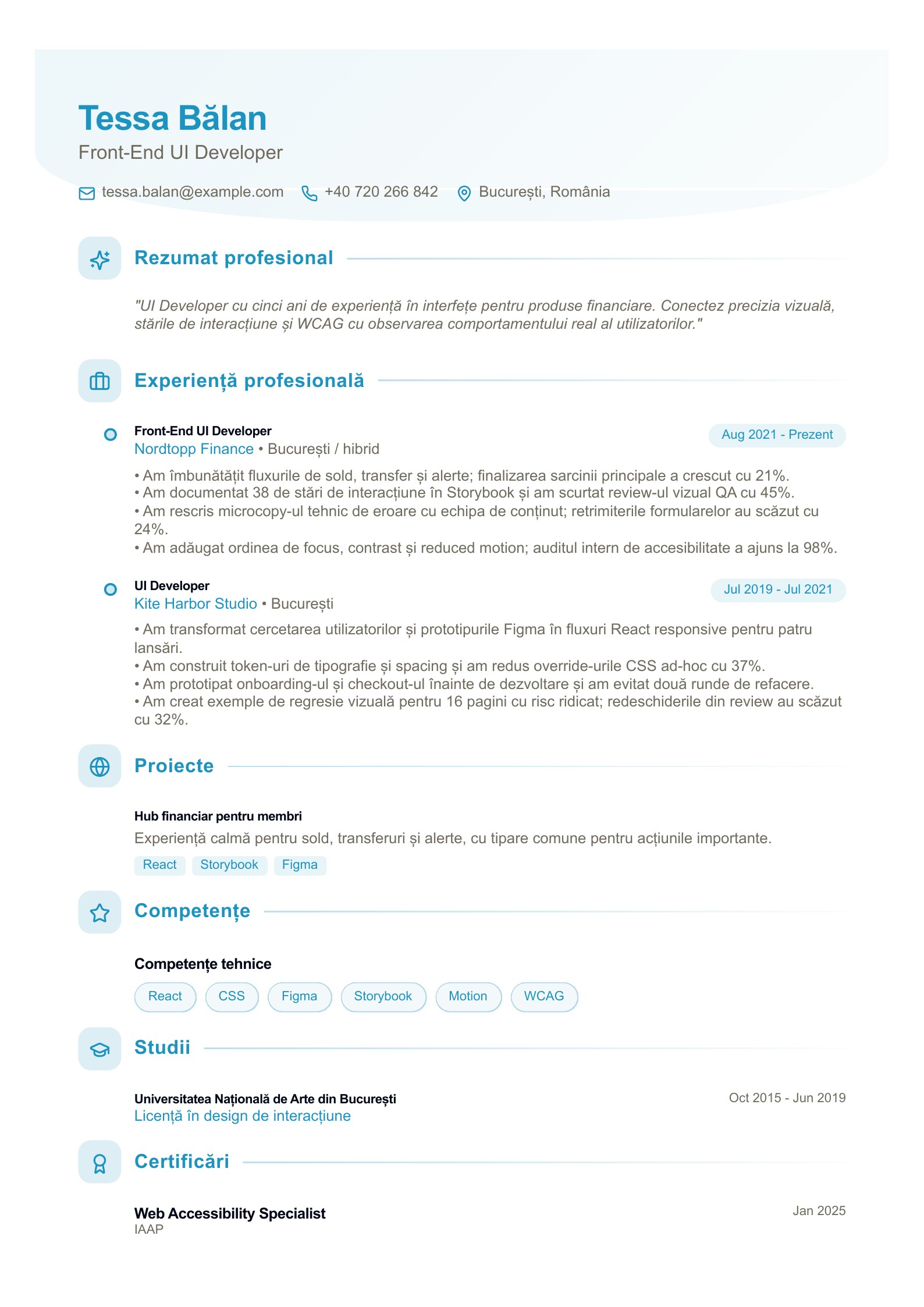 CV pentru Front-End UI Developer - exemplu românesc