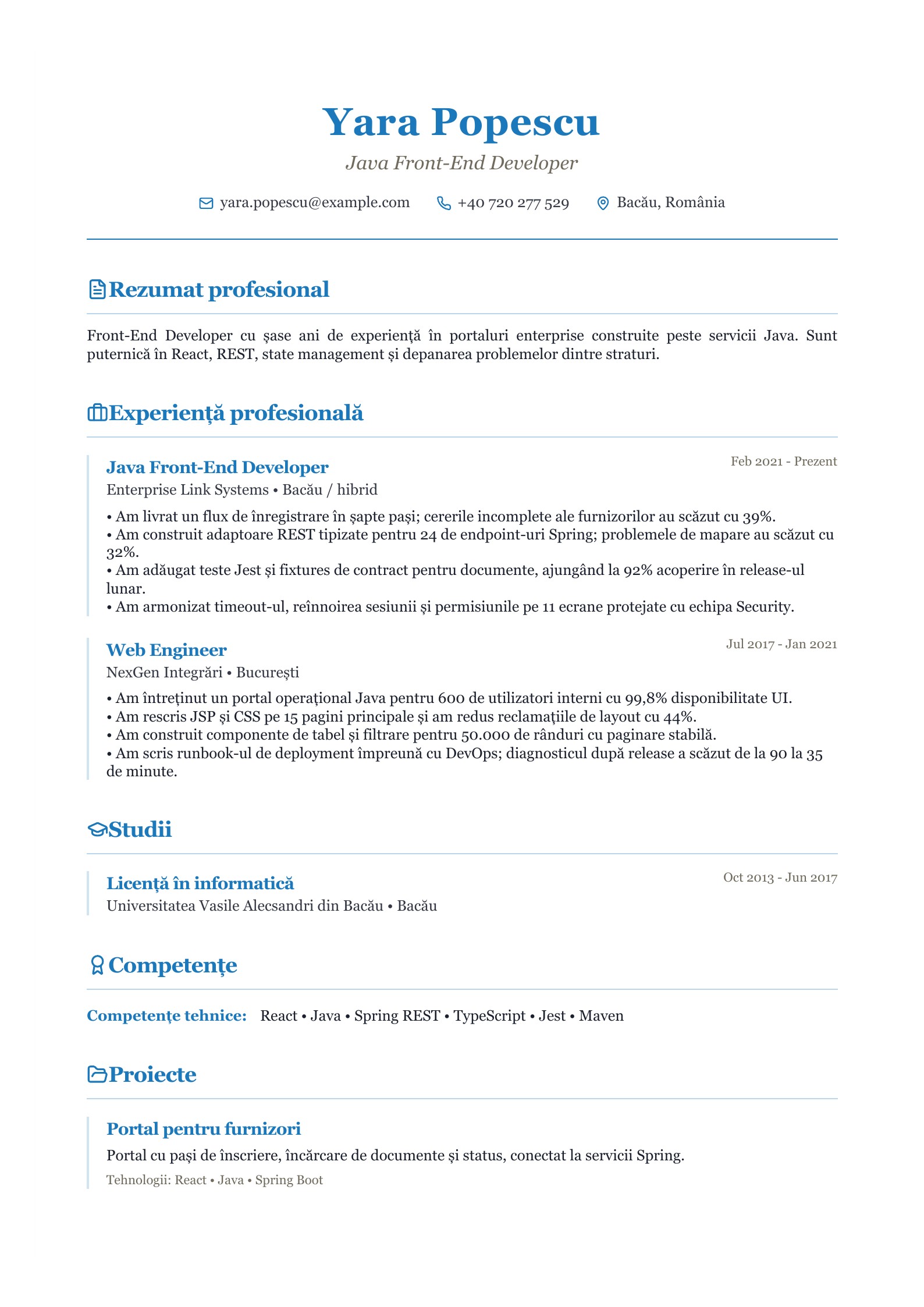CV pentru Java Front-End Developer - exemplu românesc