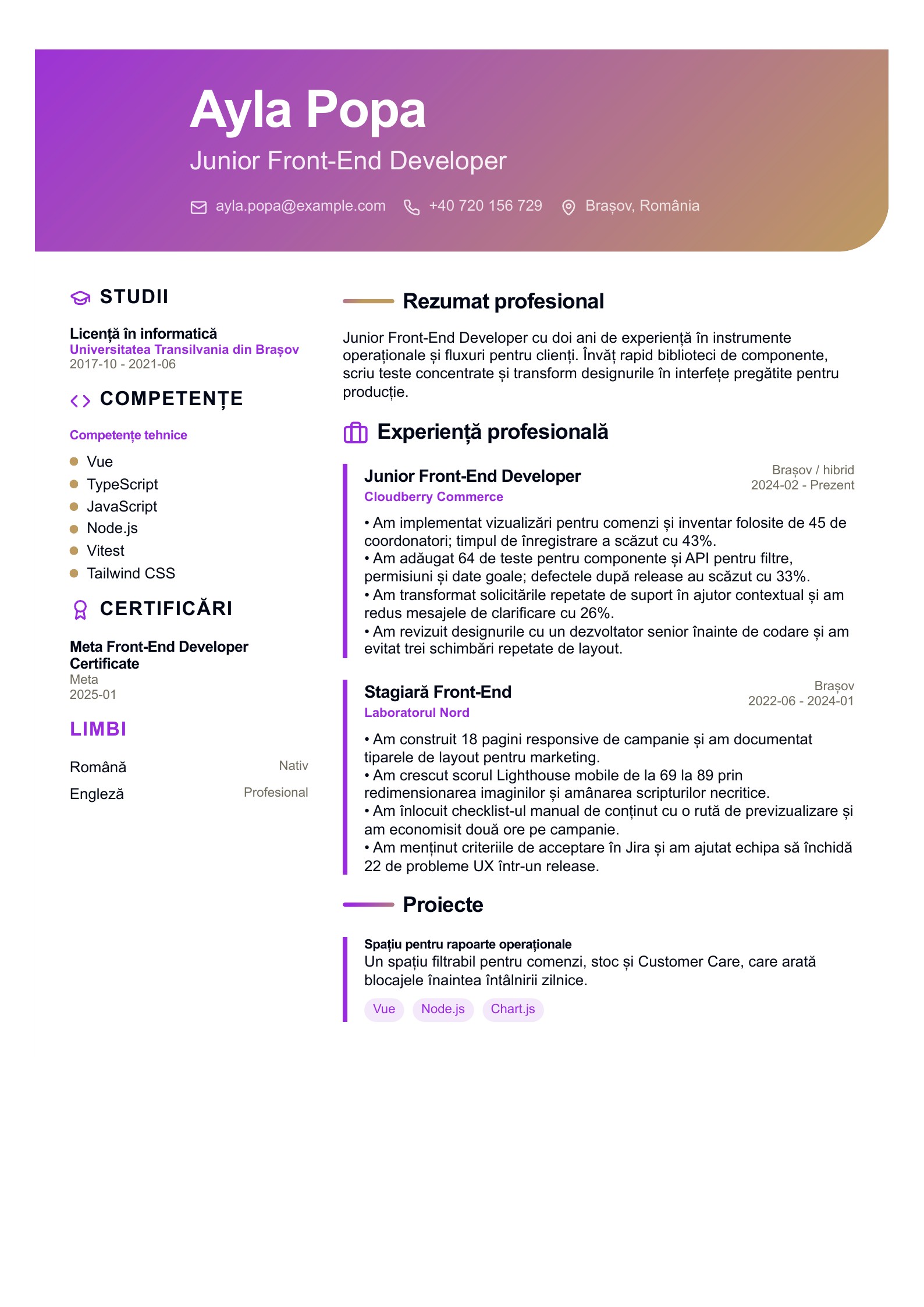 CV pentru Junior Front-End Developer - exemplu românesc