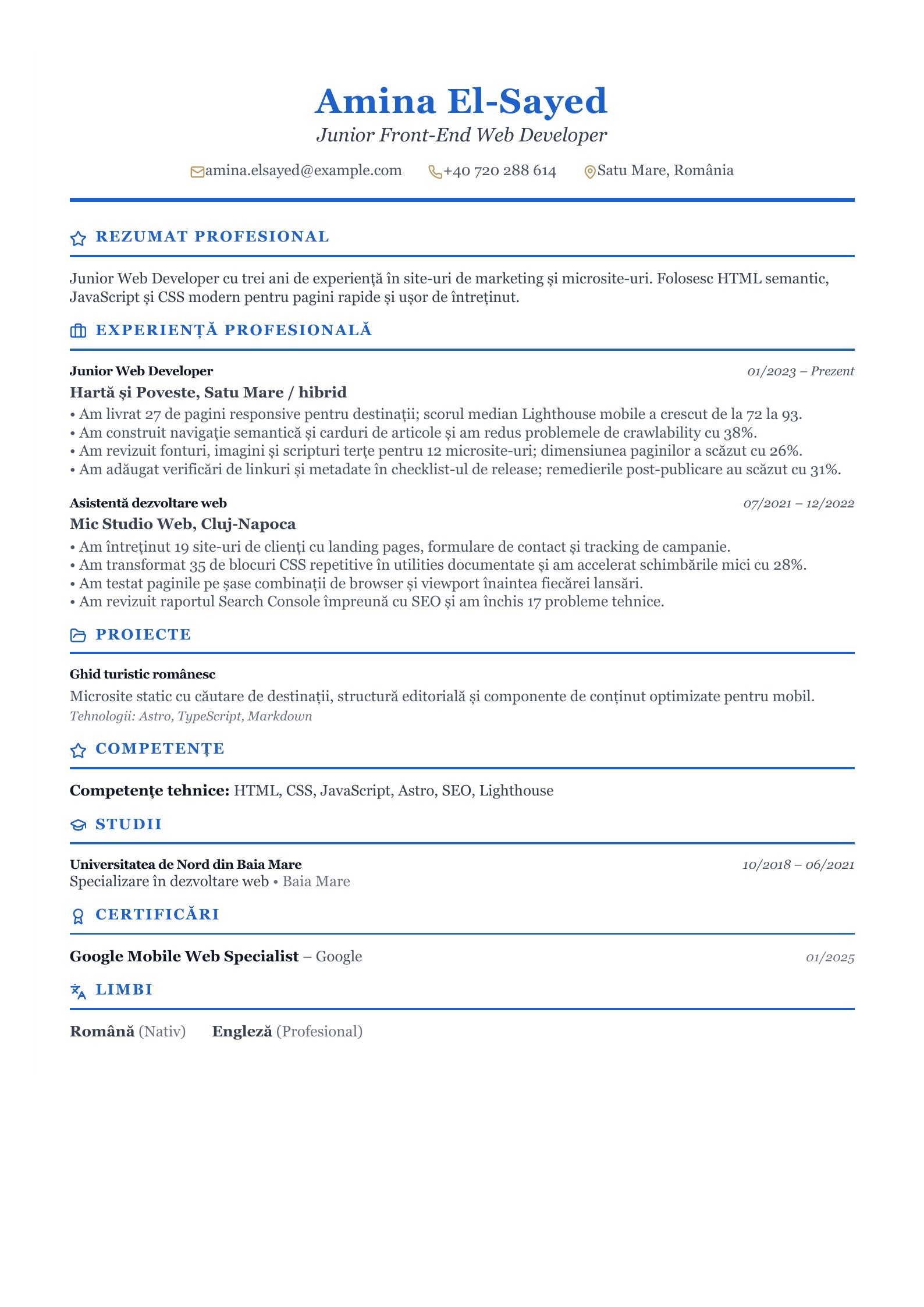 CV pentru Junior Front-End Web Developer - exemplu românesc