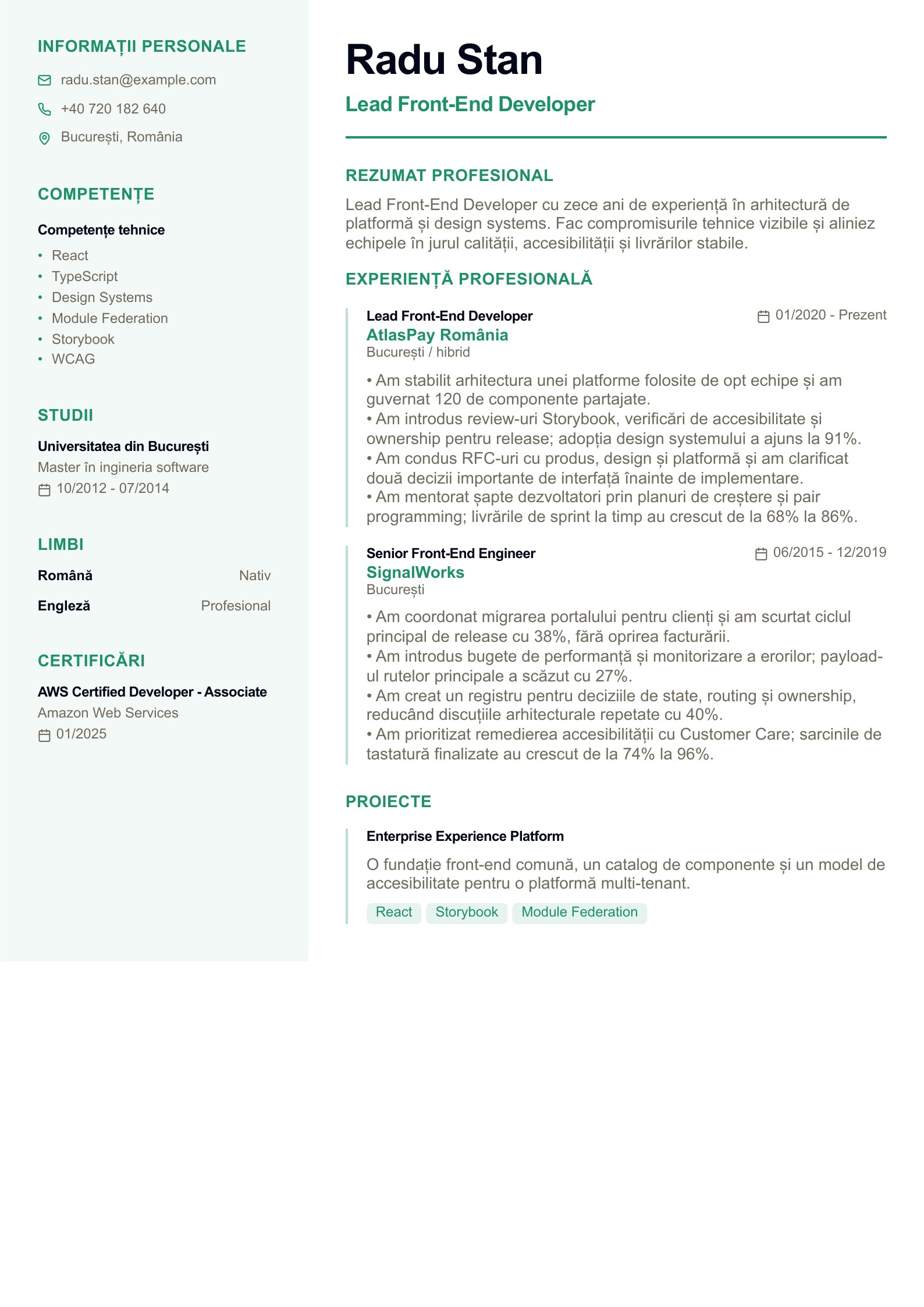 CV pentru Lead Front-End Developer - exemplu românesc