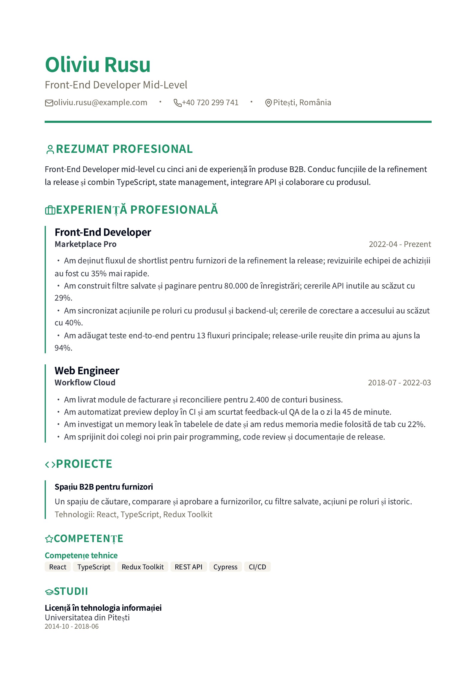CV pentru Front-End Developer Mid-Level - exemplu românesc
