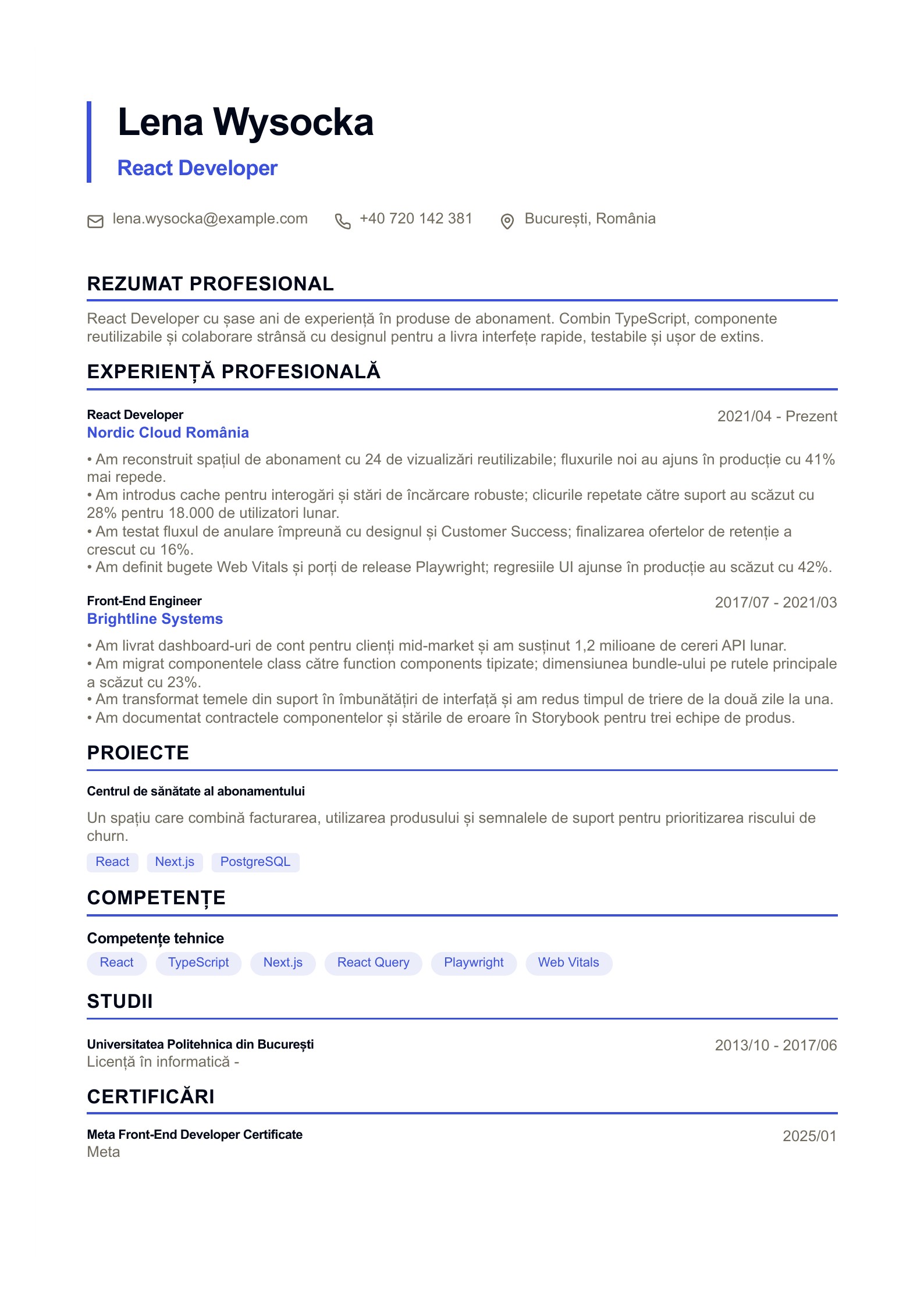 CV pentru React Developer - exemplu românesc