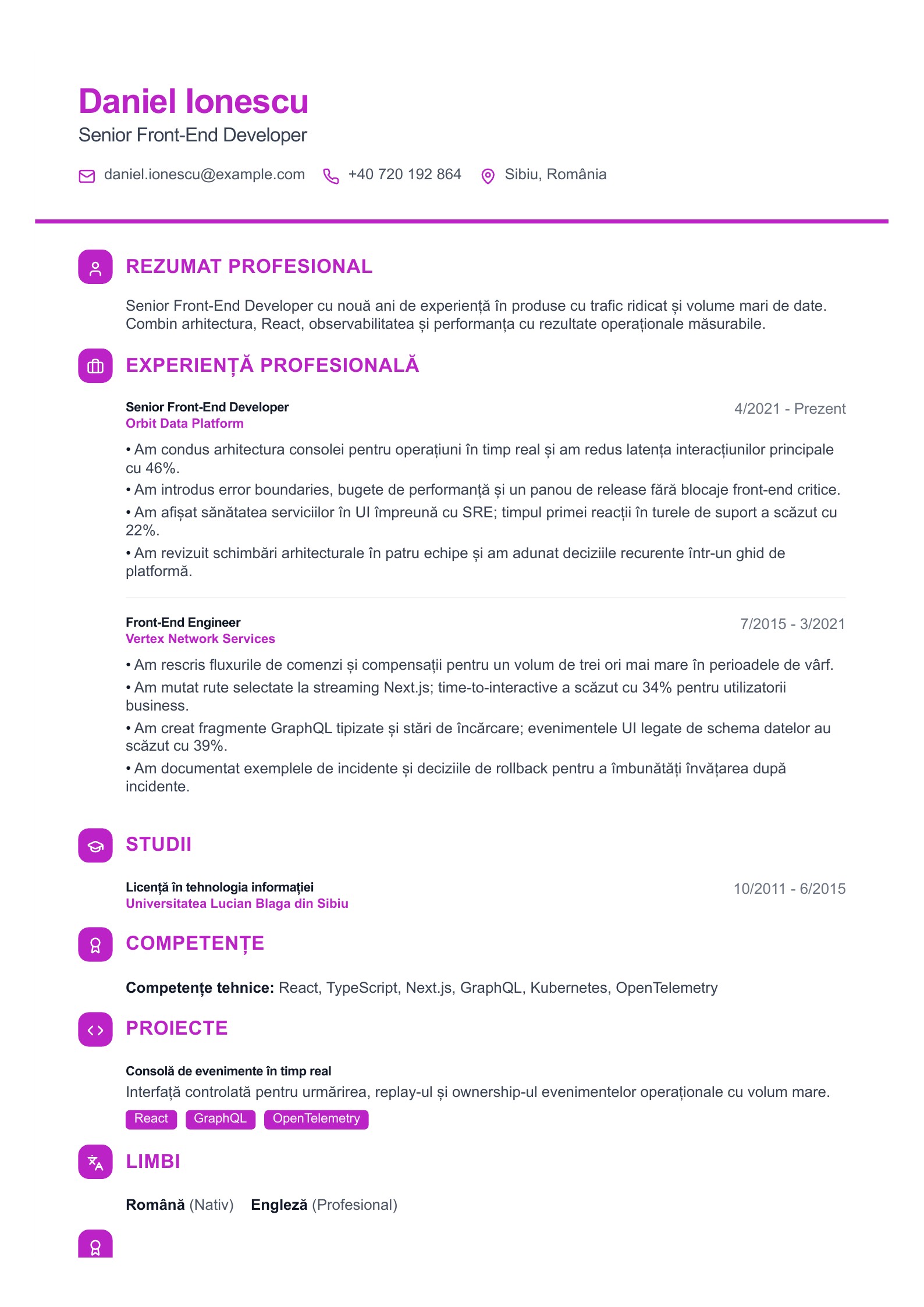 CV pentru Senior Front-End Developer - exemplu românesc