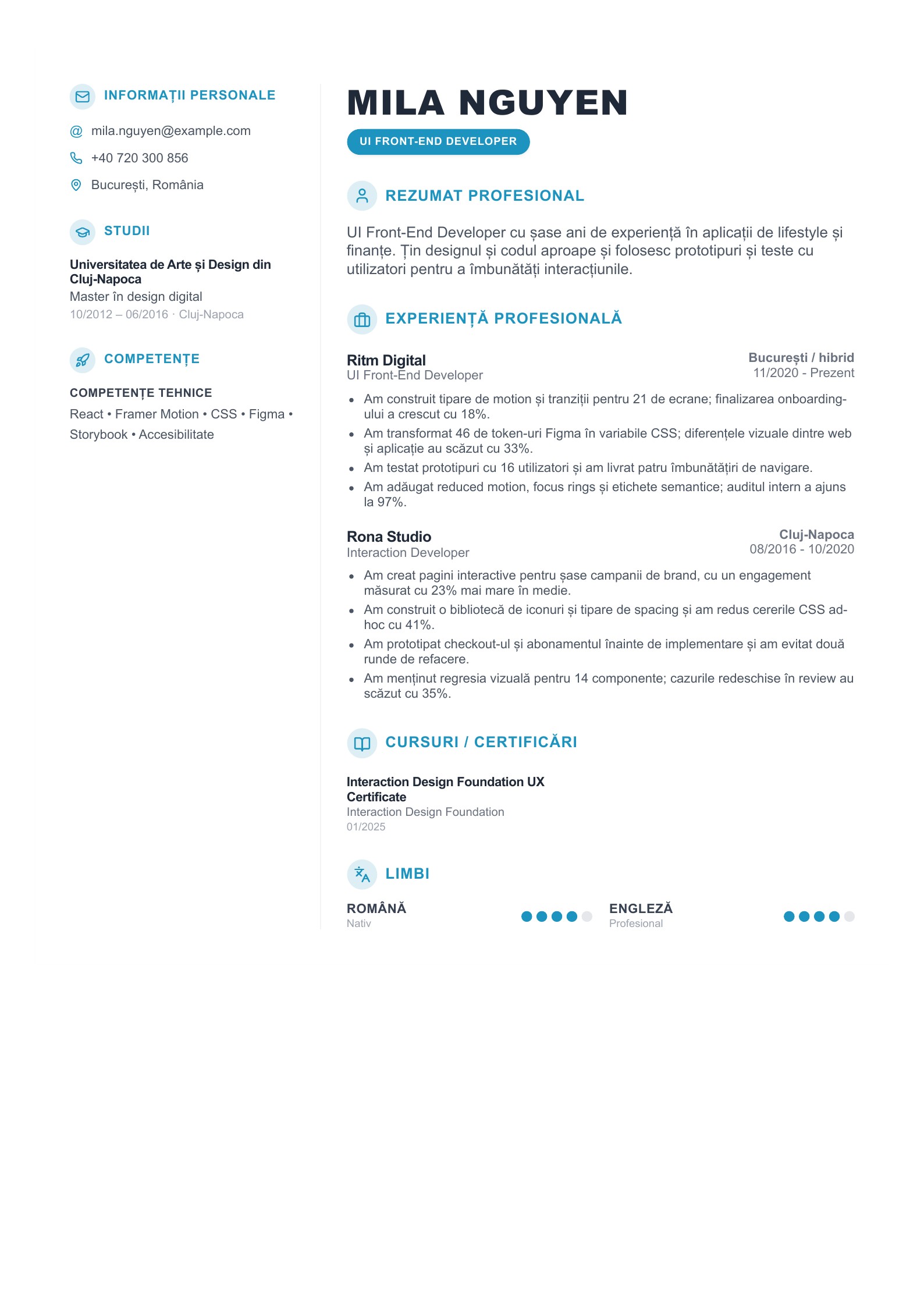 CV pentru UI Front-End Developer - exemplu românesc