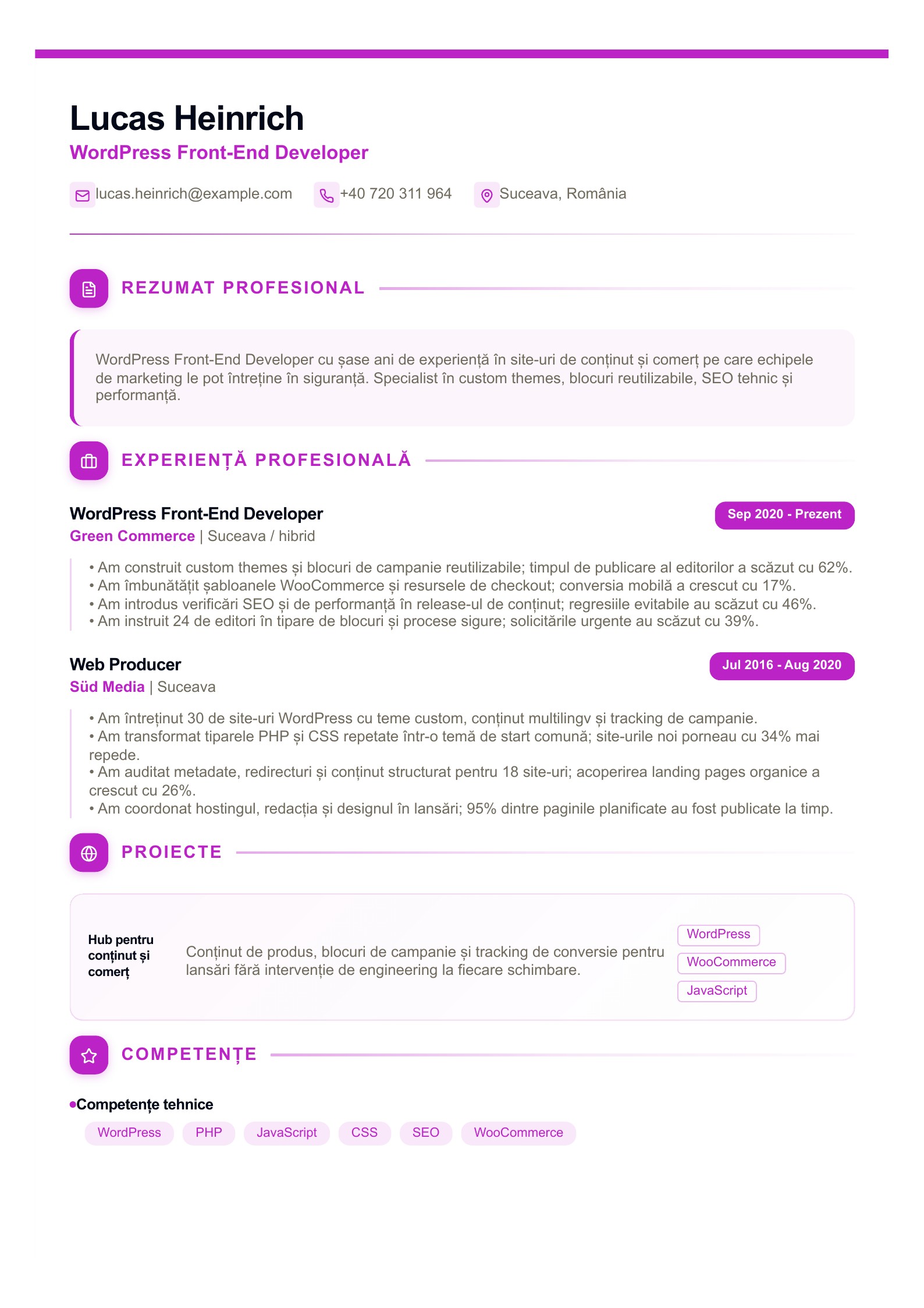 CV pentru WordPress Front-End Developer - exemplu românesc