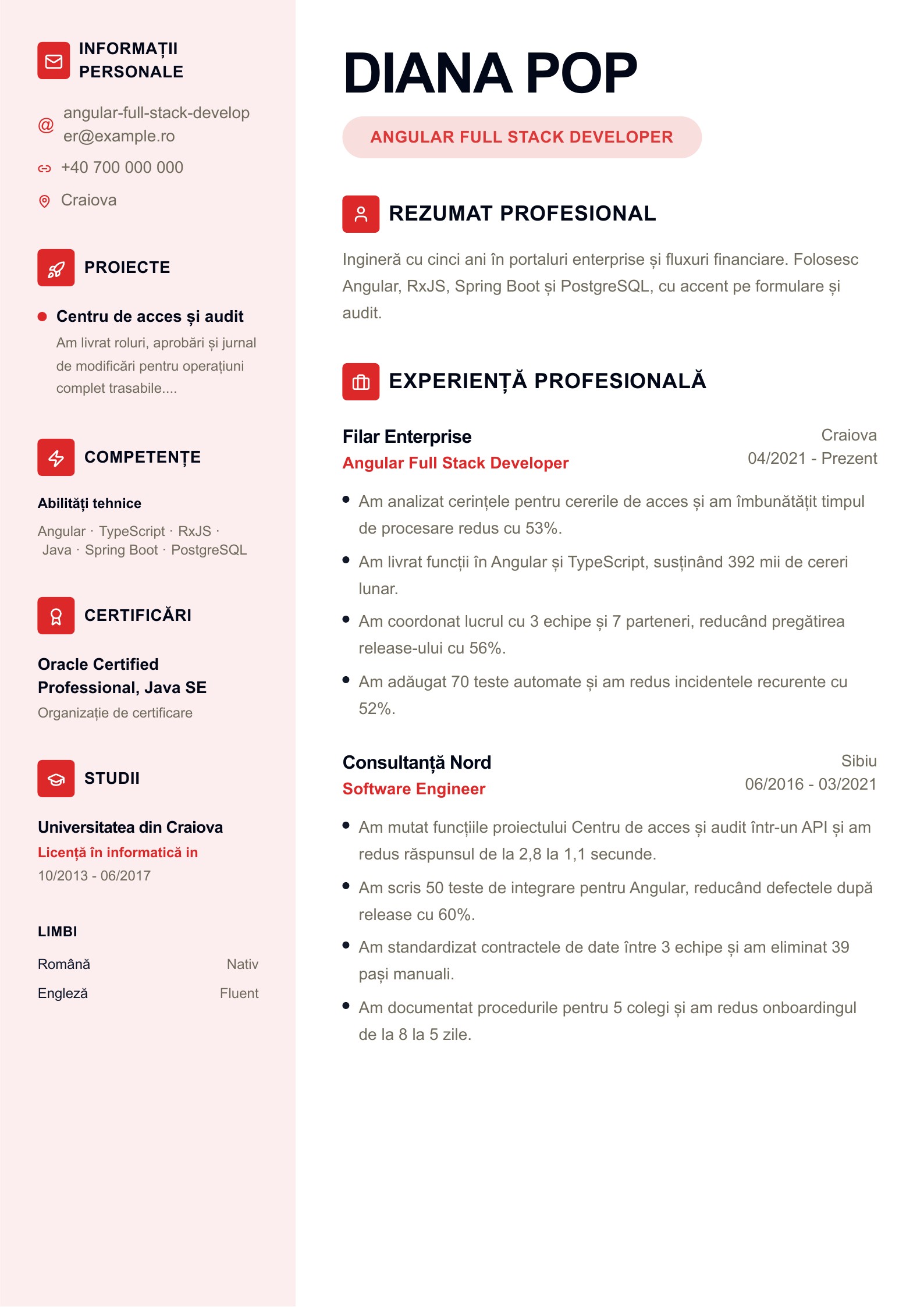 Previzualizare: Exemple românești de CV Full Stack Developer cu descărcare PDF
