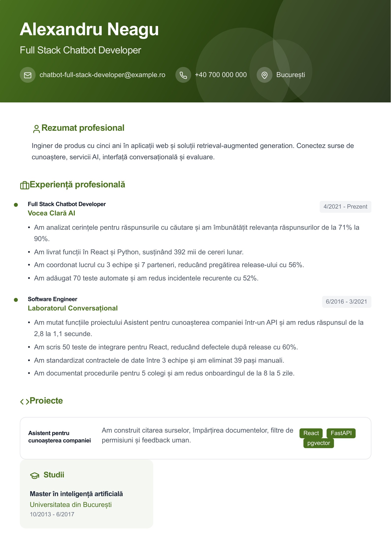CV pentru Full Stack Chatbot Developer - exemplu românesc