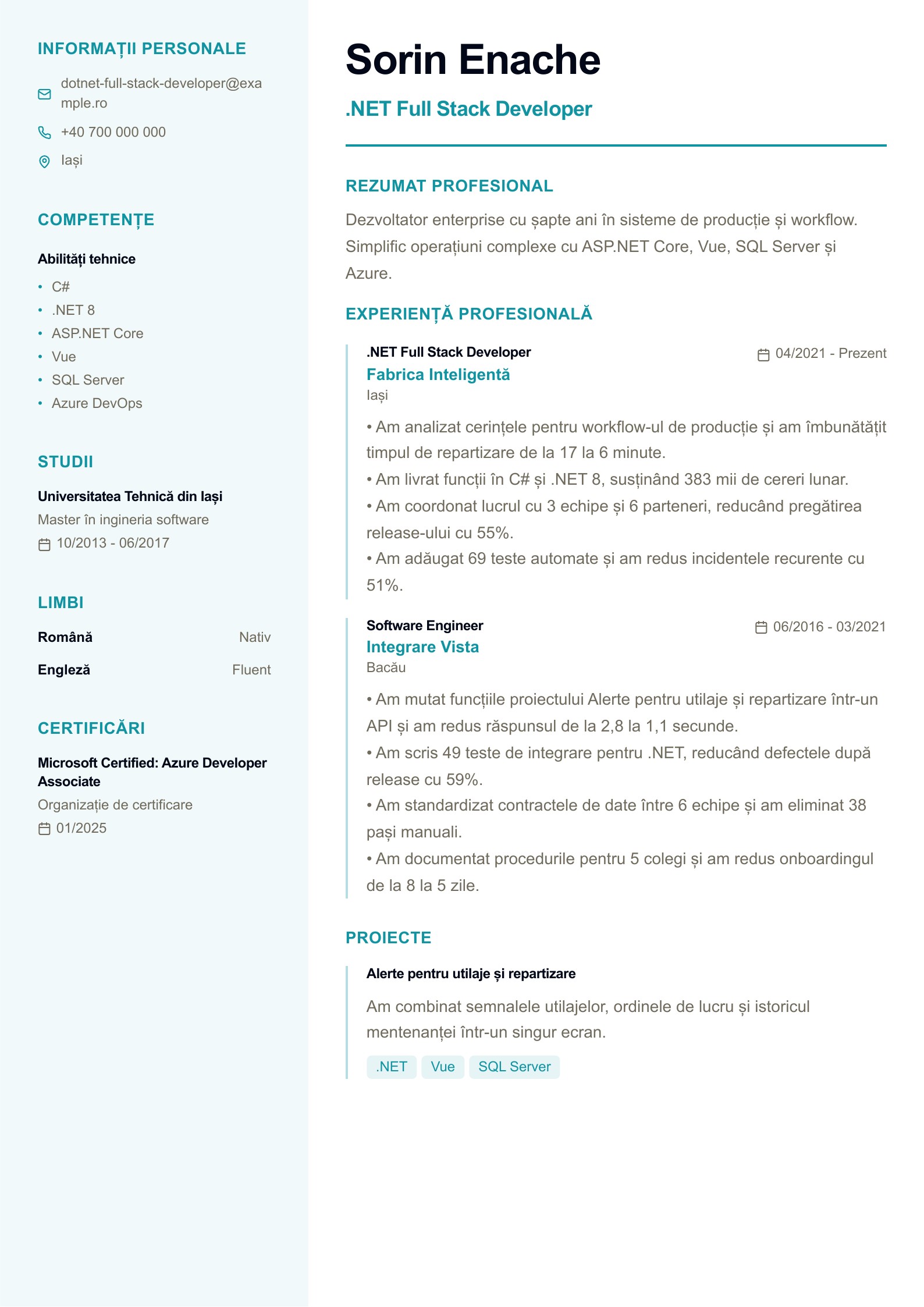 CV pentru Full Stack Developer .NET - exemplu românesc