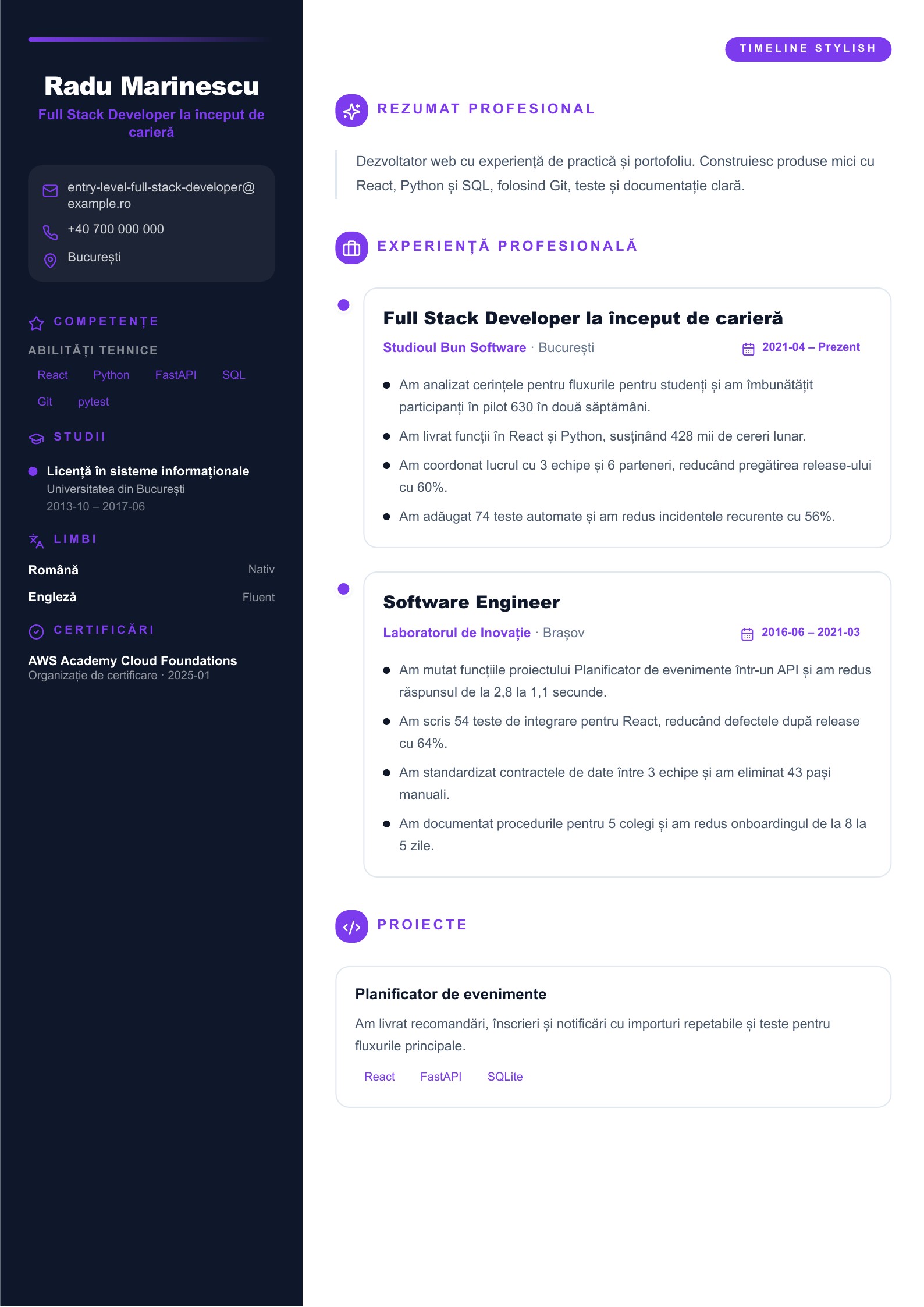 CV pentru Full Stack Developer la început de carieră - exemplu românesc