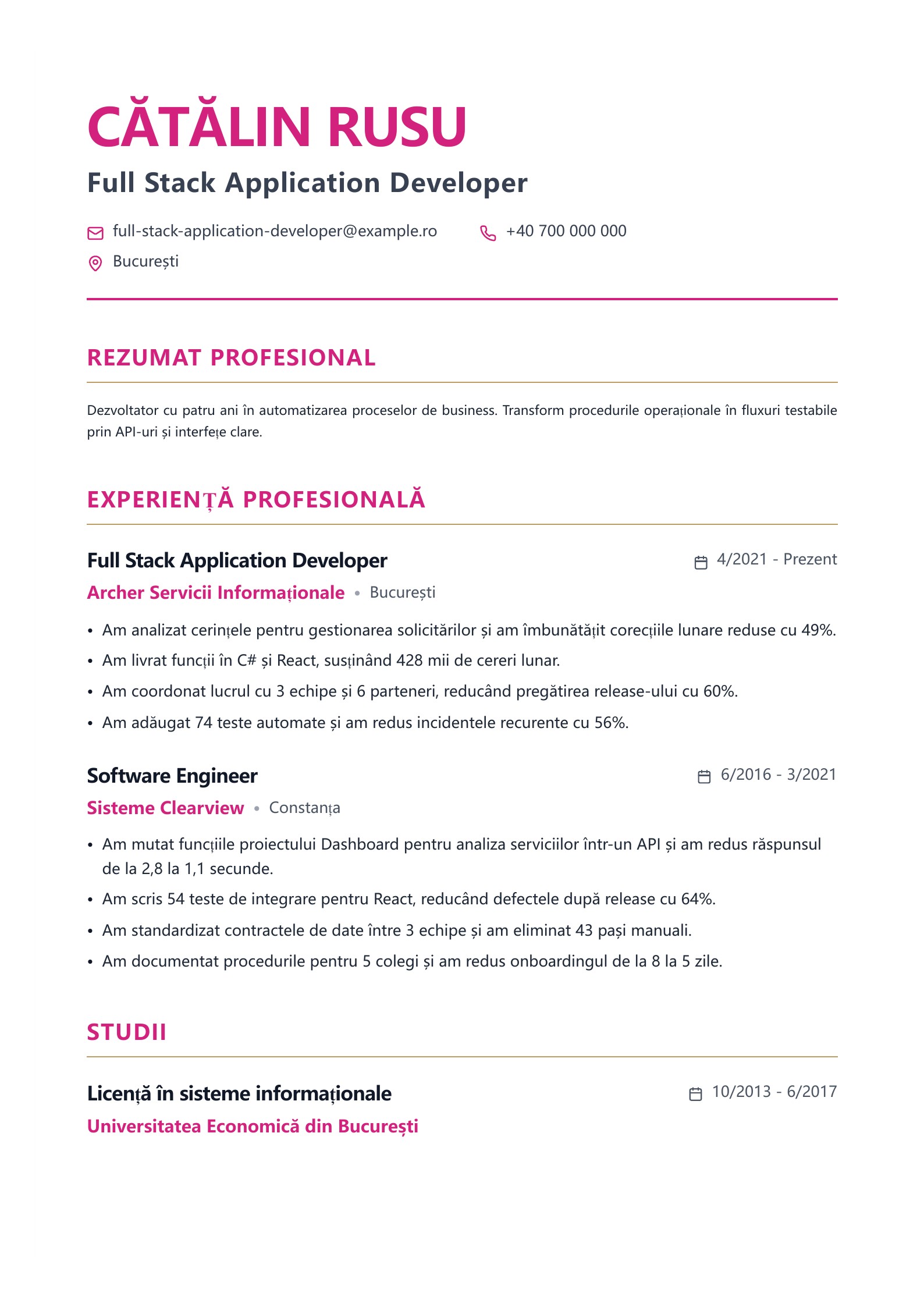CV pentru Full Stack Application Developer - exemplu românesc