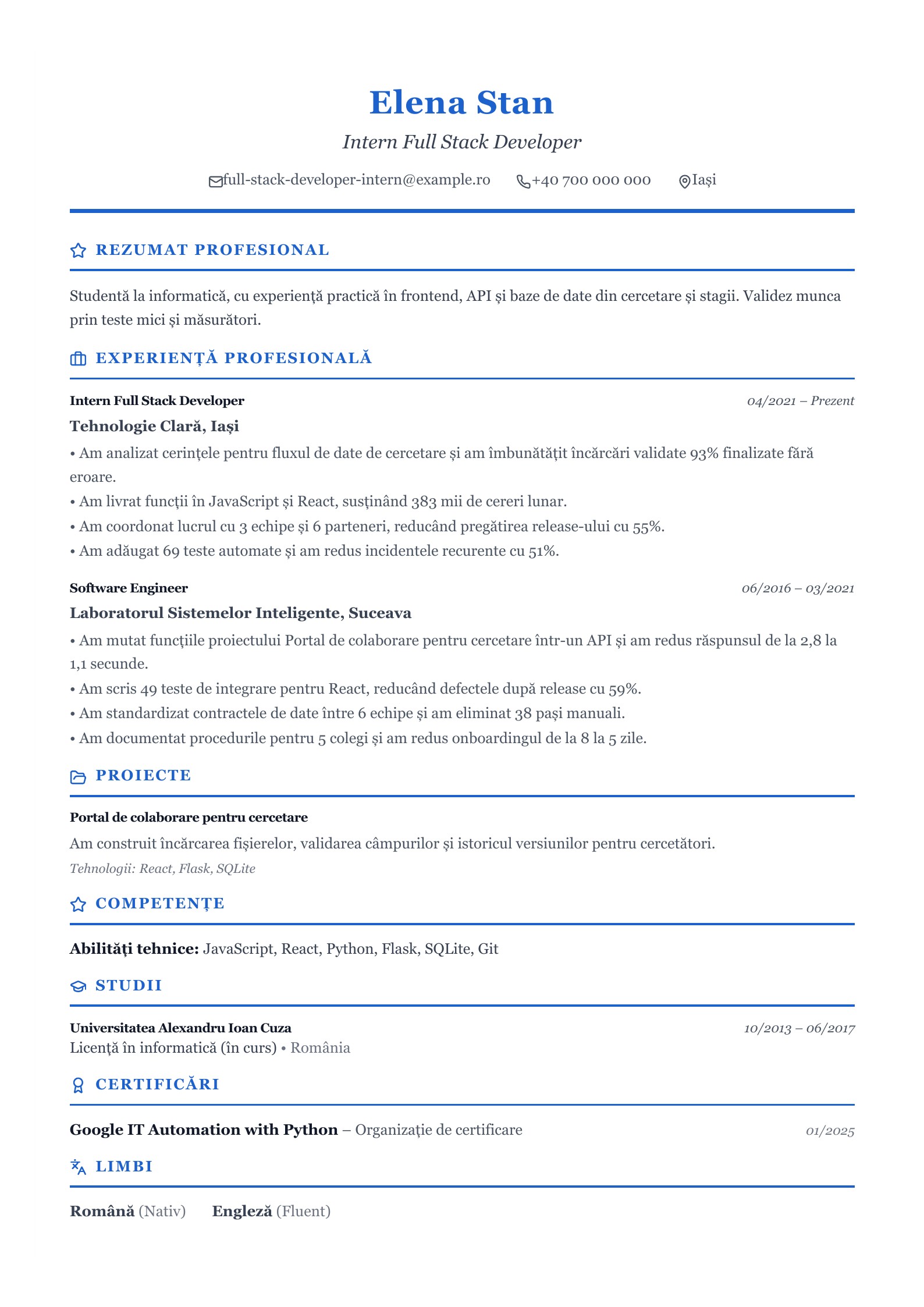 CV pentru Intern Full Stack Developer - exemplu românesc
