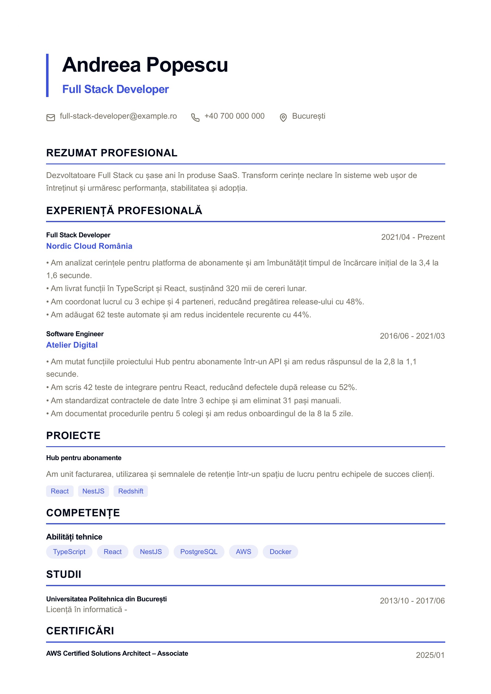 CV pentru Full Stack Developer - exemplu românesc