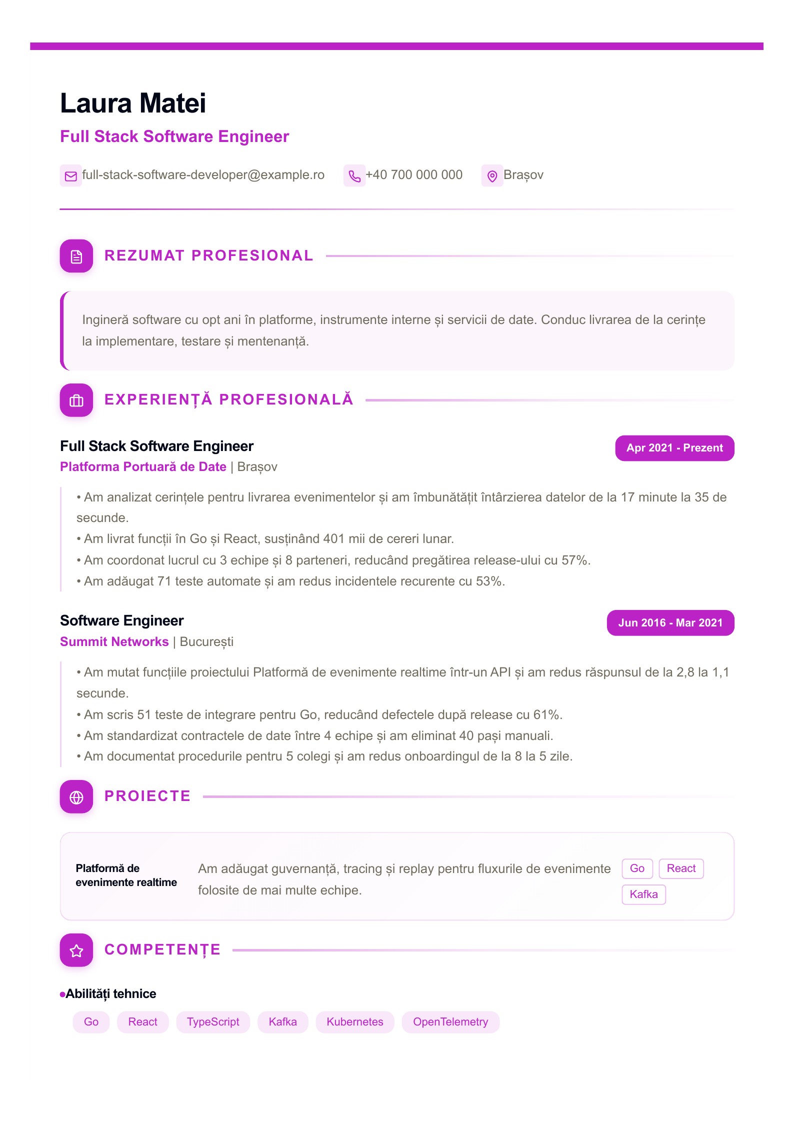 CV pentru Full Stack Software Engineer - exemplu românesc