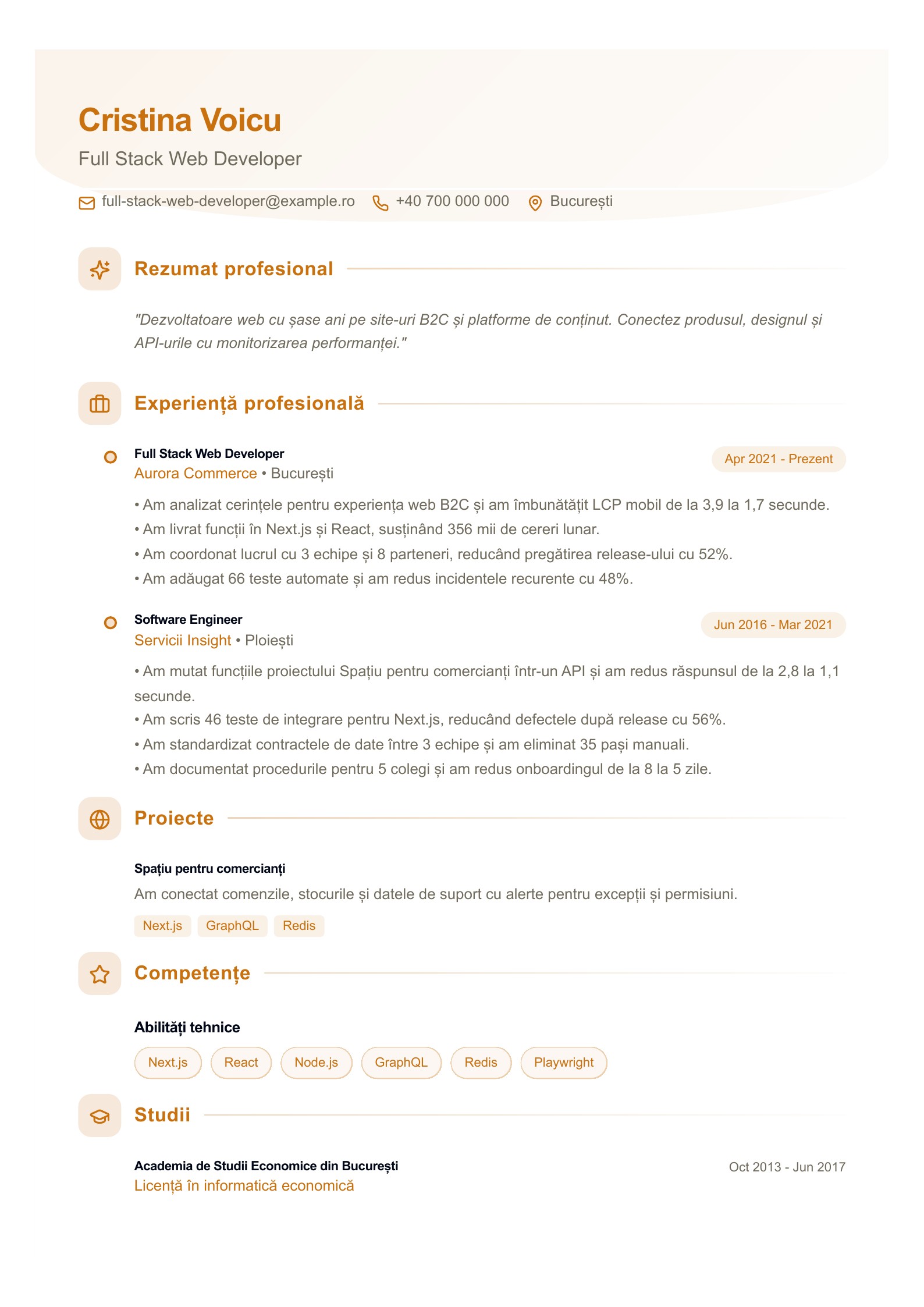 CV pentru Full Stack Web Developer - exemplu românesc