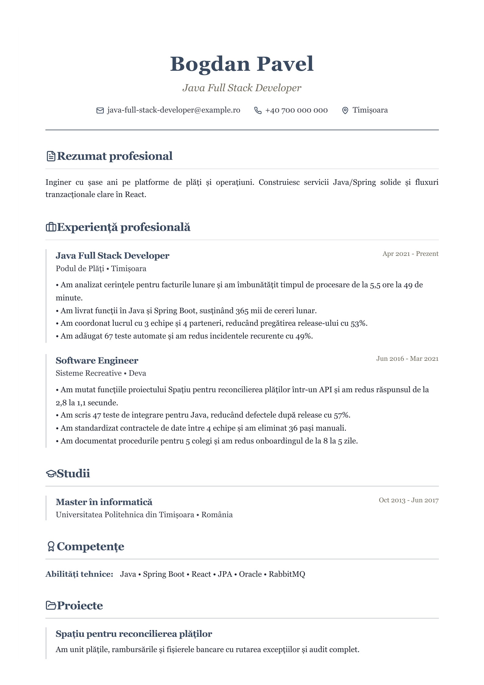 CV pentru Java Full Stack Developer - exemplu românesc