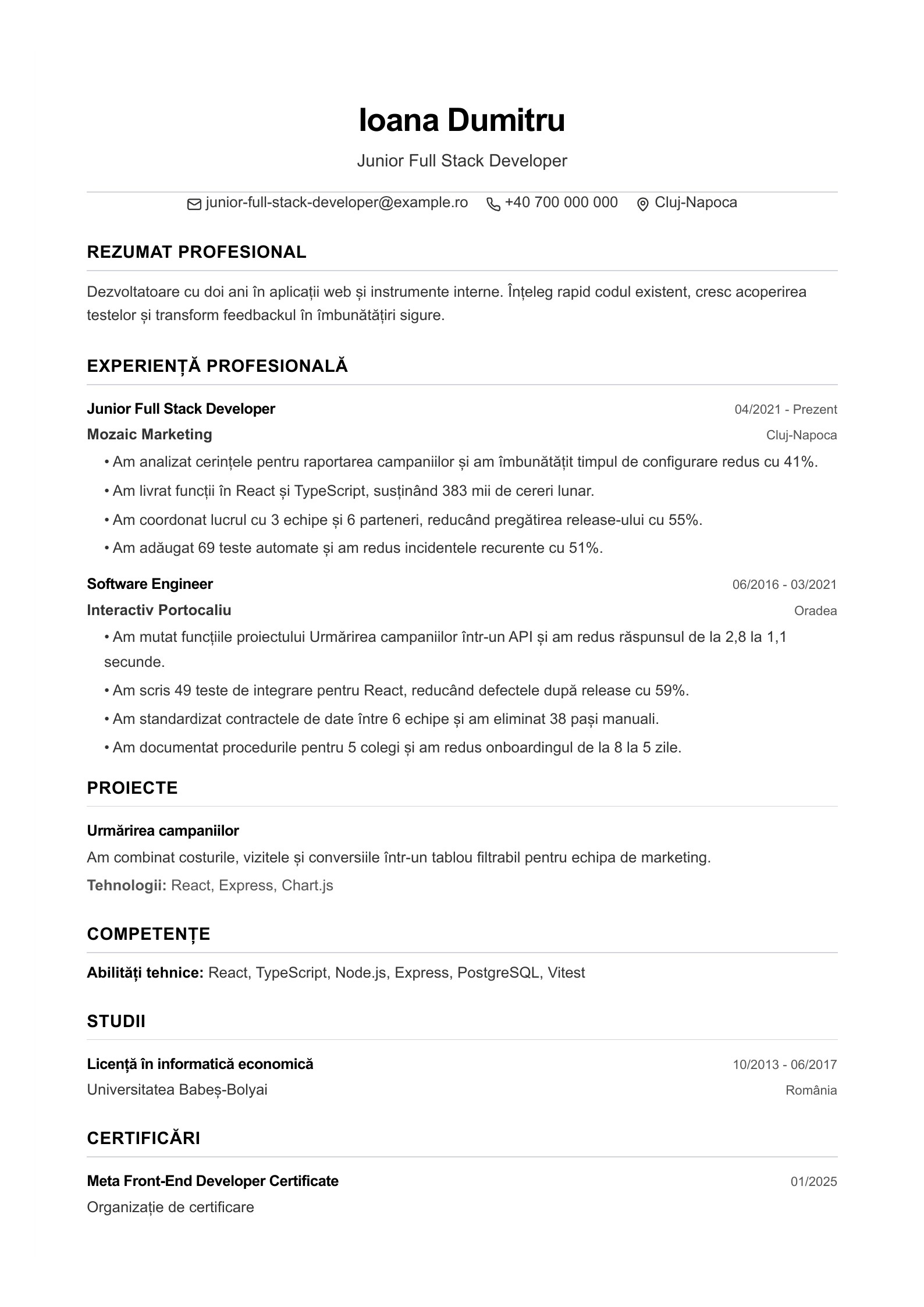 CV pentru Junior Full Stack Developer - exemplu românesc