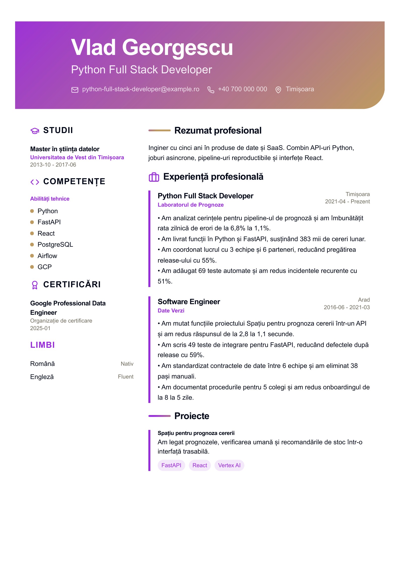 CV pentru Python Full Stack Developer - exemplu românesc