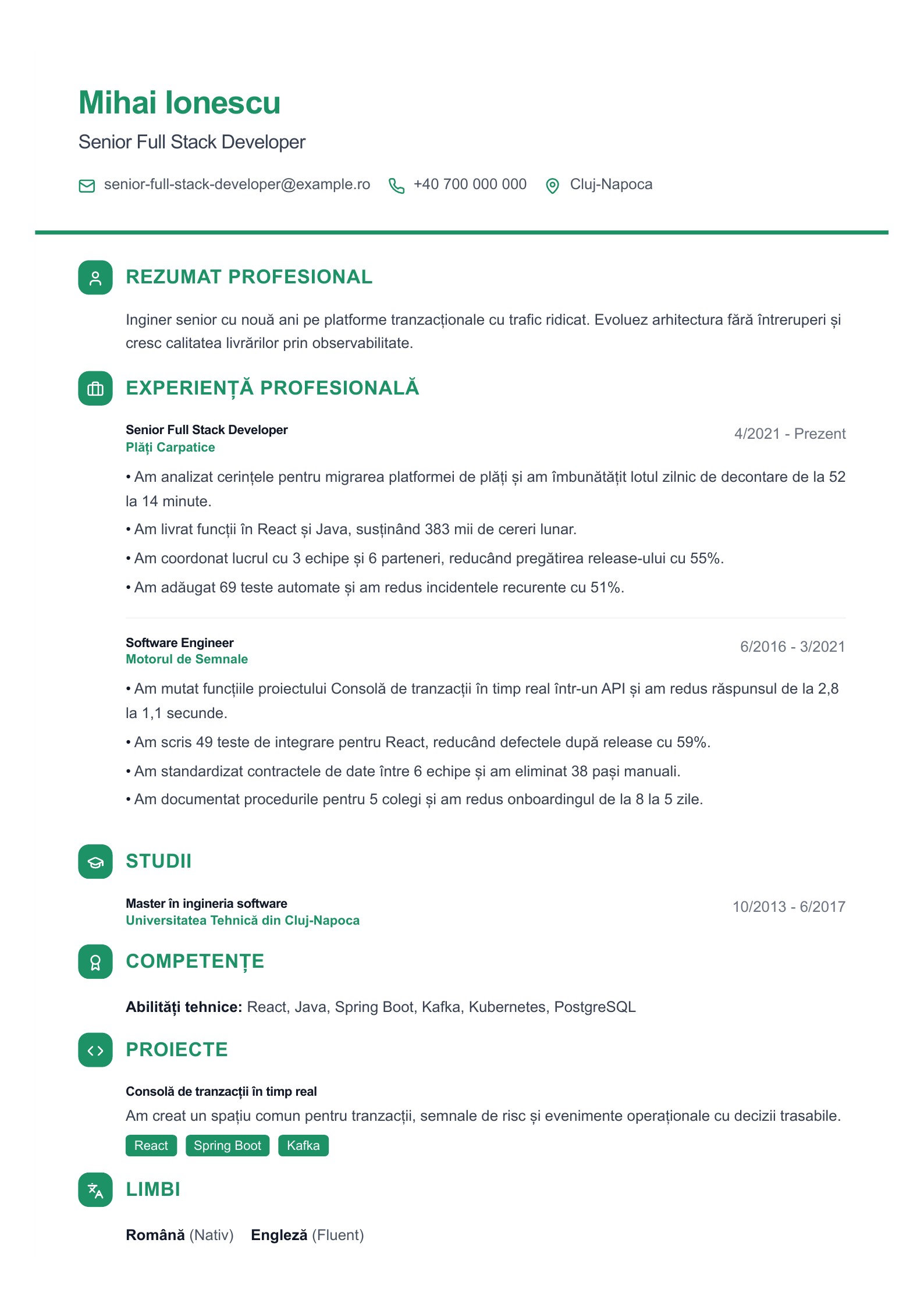 CV pentru Senior Full Stack Developer - exemplu românesc