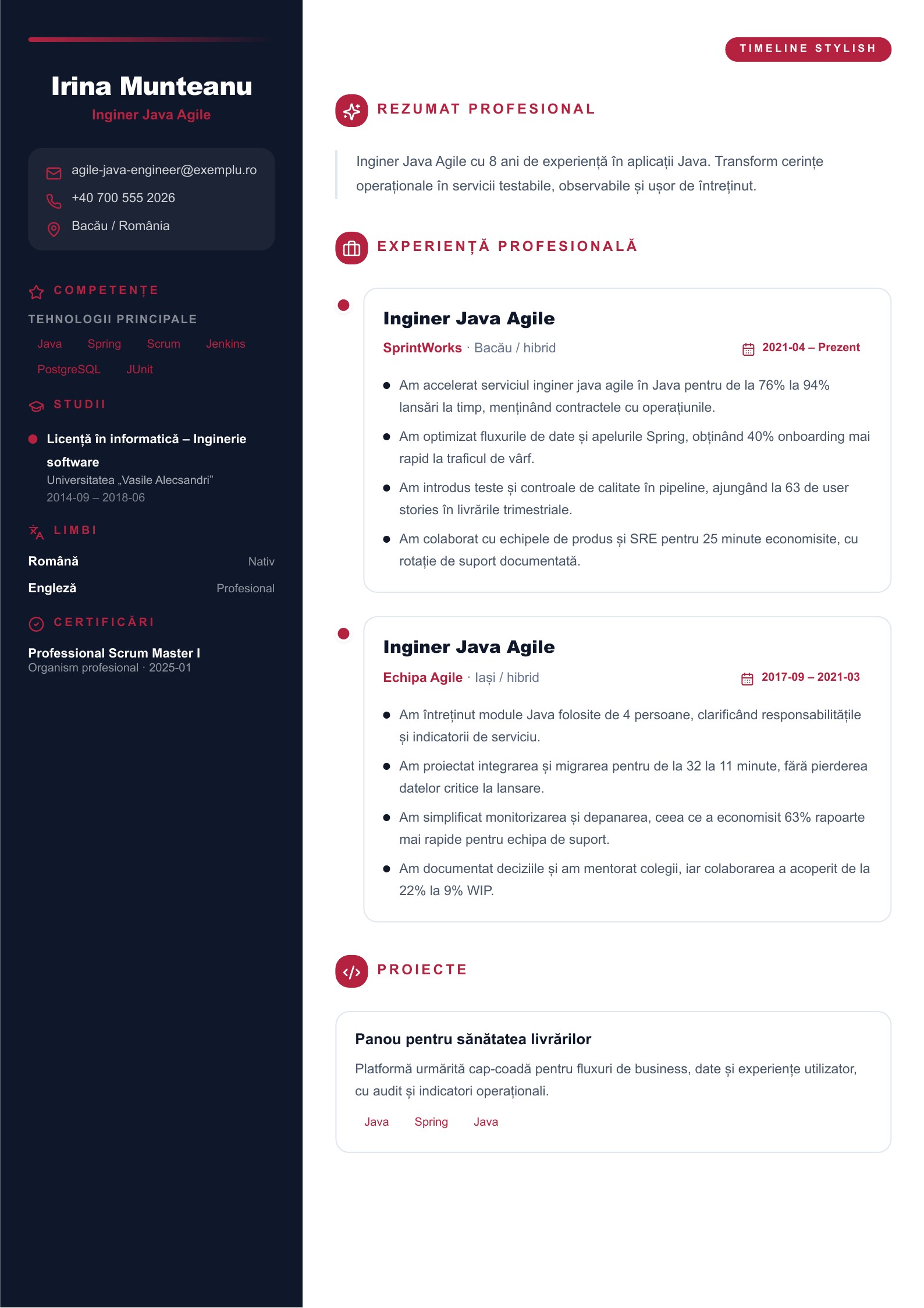 Previzualizare: Exemple românești de CV Java cu descărcare PDF