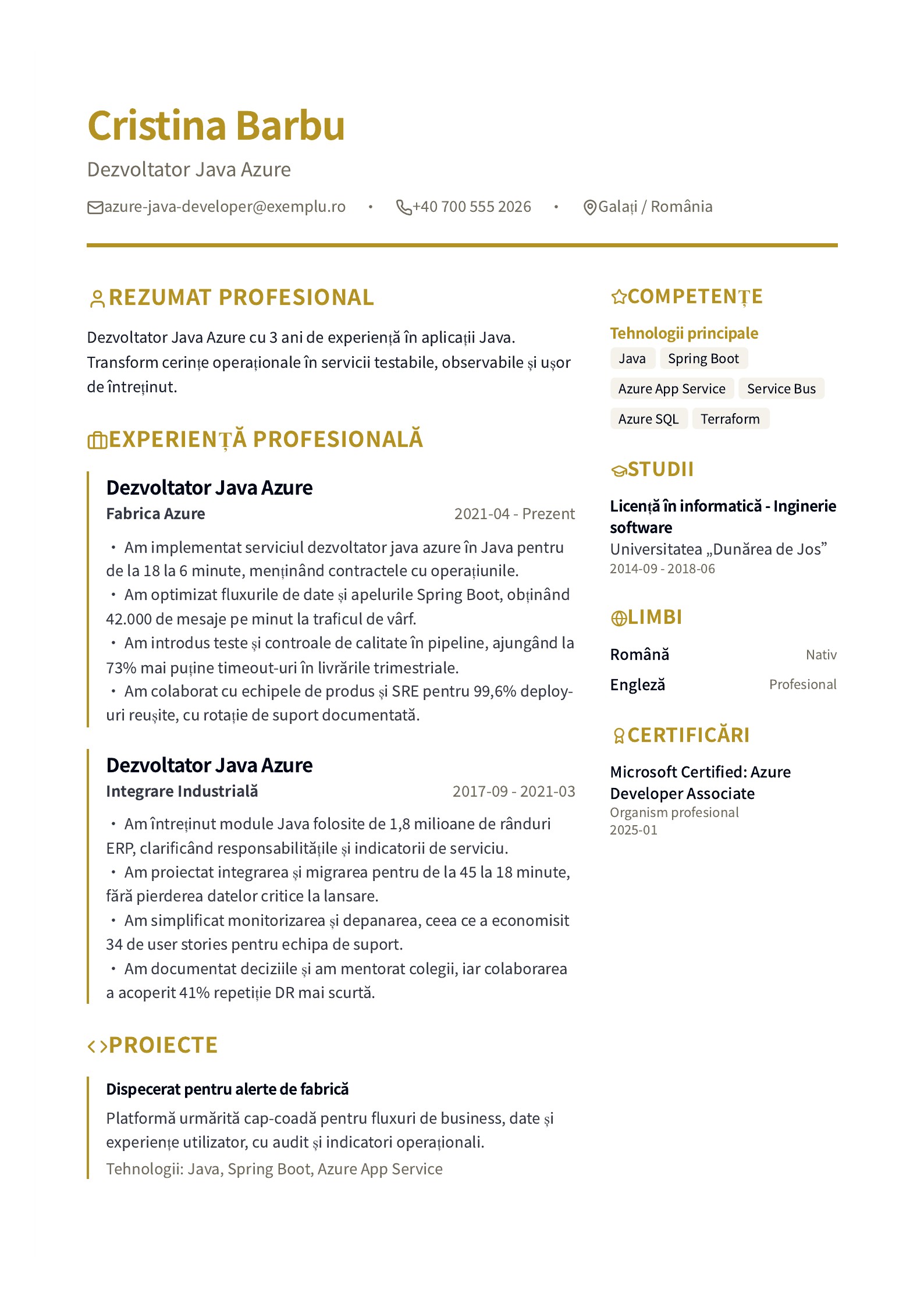 Dezvoltator Java Azure - exemplu de CV - exemplu românesc